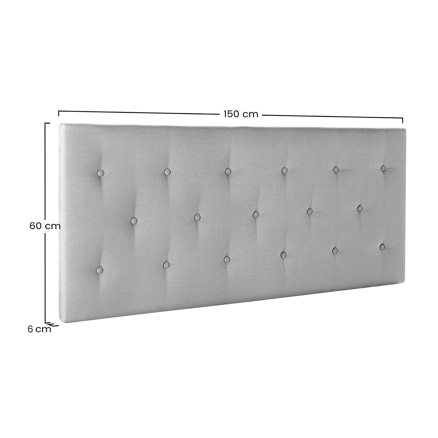 Un cabecero tapizado gris claro con botones, 150x60x6 cm.