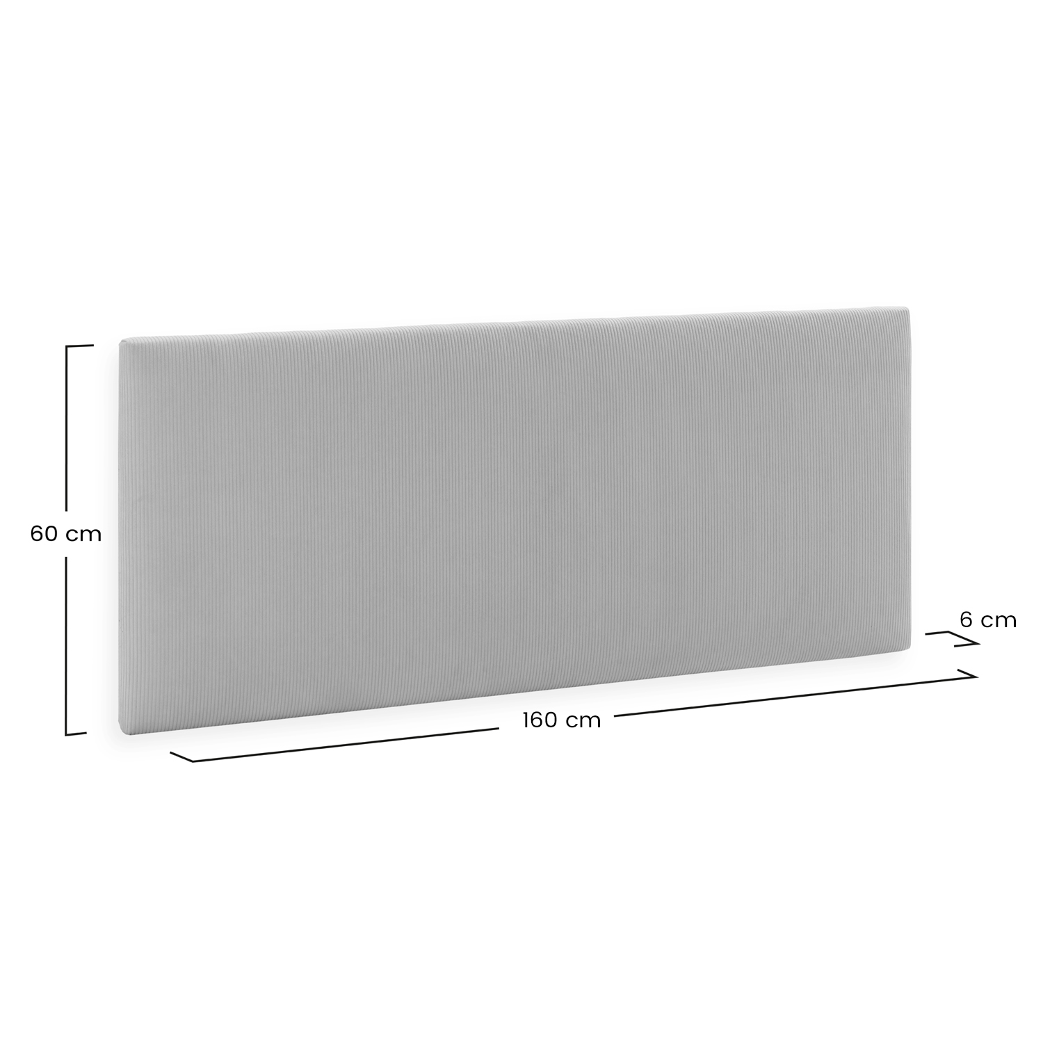 Respaldo gris acanalado, 160 cm de ancho, 60 cm de alto, 6 cm de fondo.