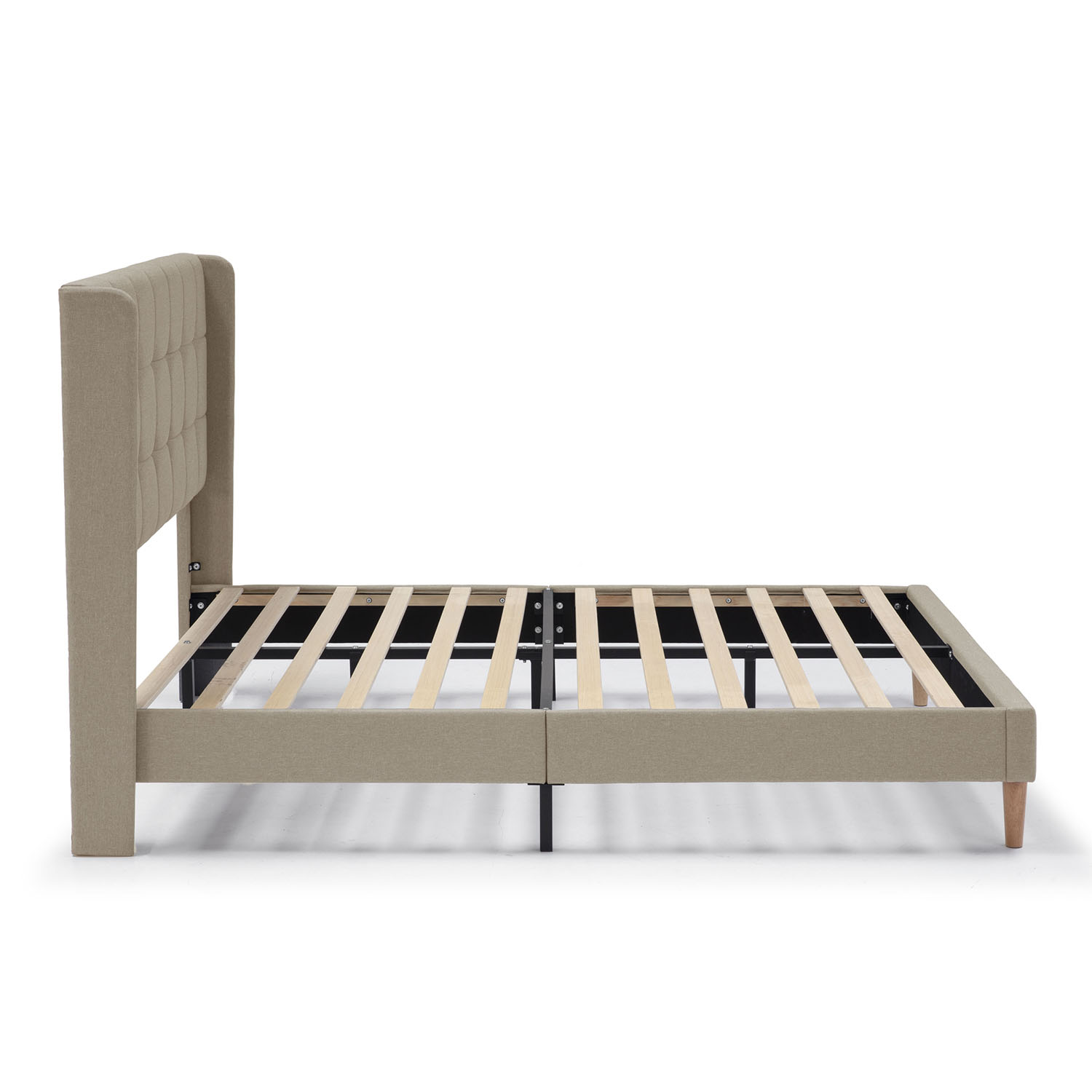 Estructura de cama beige con cabecero tapizado y somier de madera.