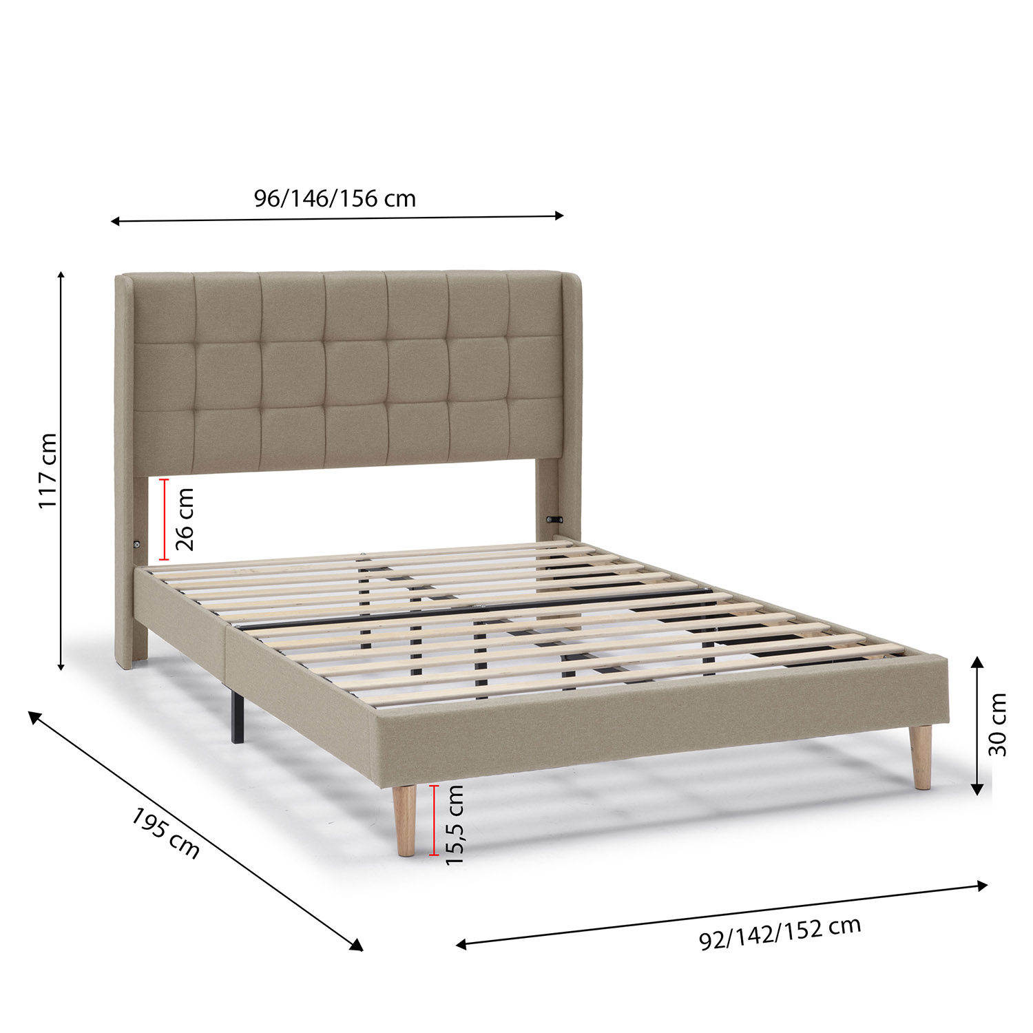 Estructura de cama tapizada beige con cabecero acolchado y lamas de madera.