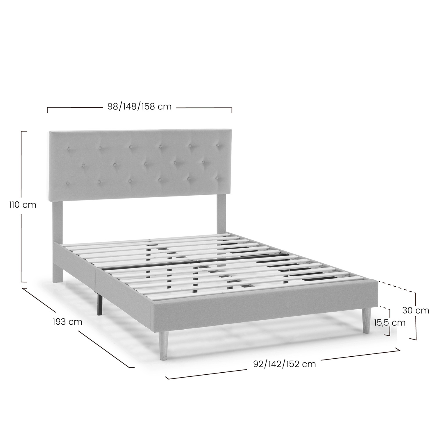Cama de tela gris con cabecero tapizado y base de listones, con medidas.