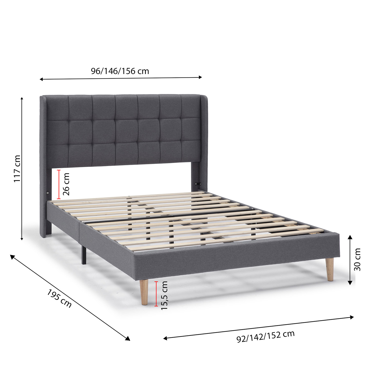 Una estructura de cama de tela gris con somier de madera y medidas.