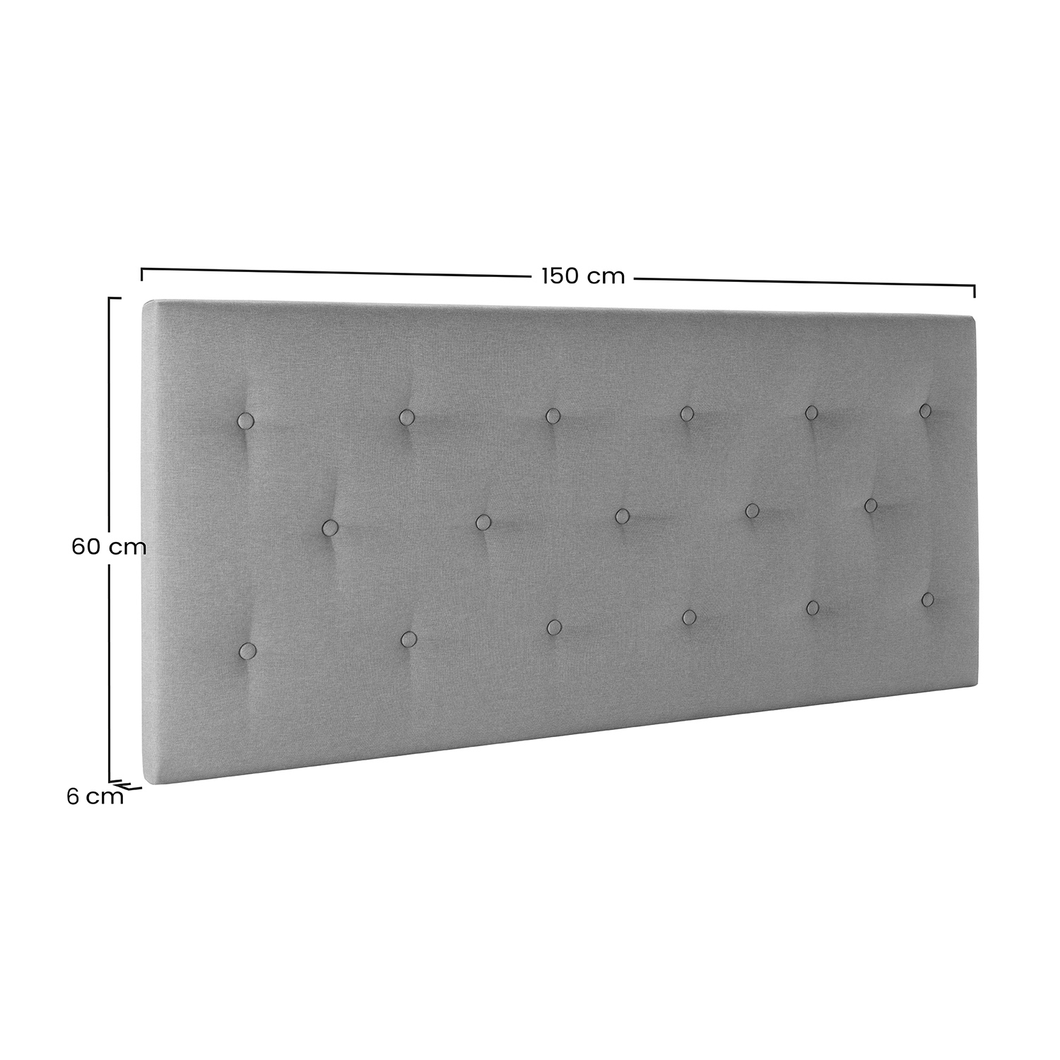 Cabecero tapizado gris con botones, 150x60x6 cm.