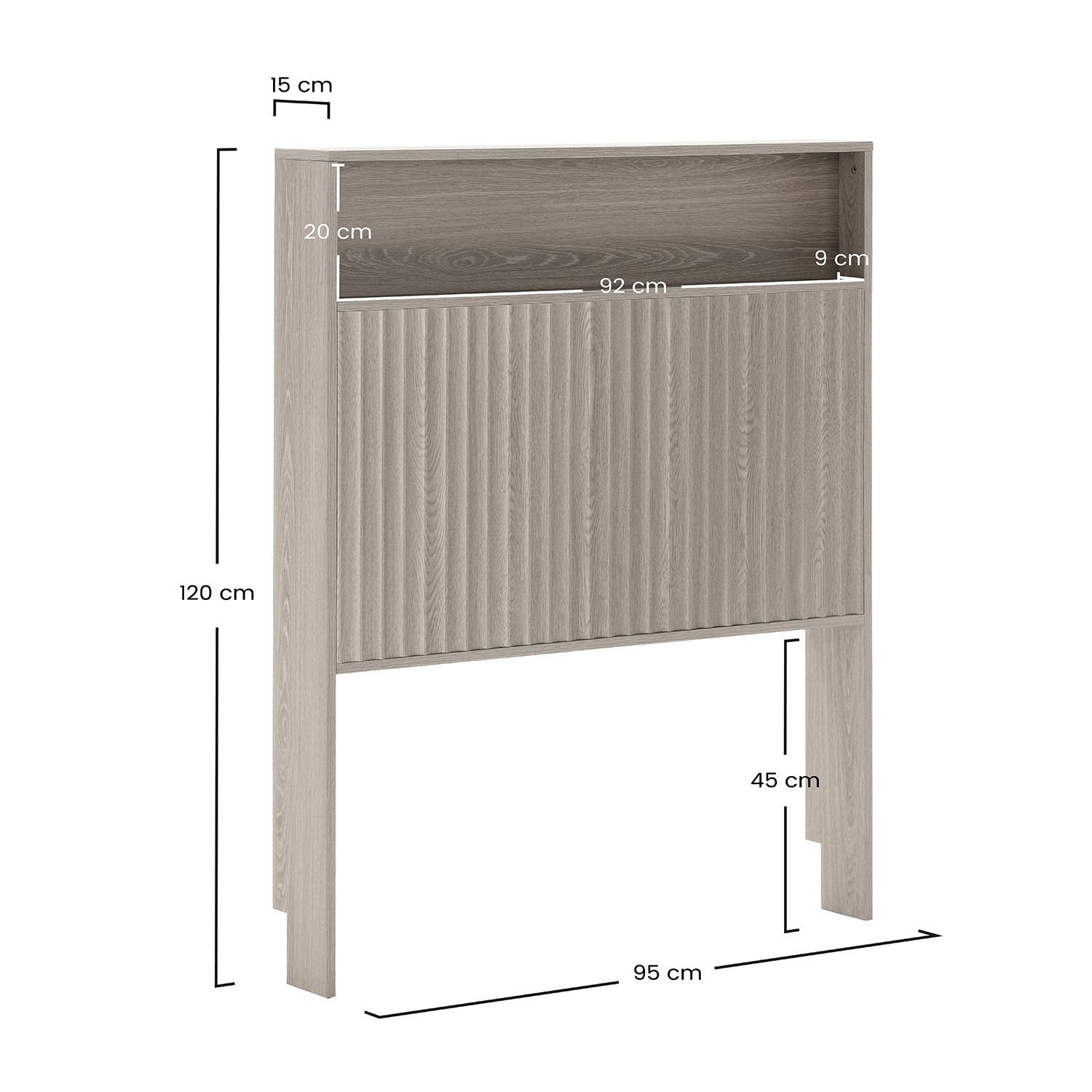 Un gabinete de madera clara con puertas acanaladas y un estante. Dimensiones mostradas.