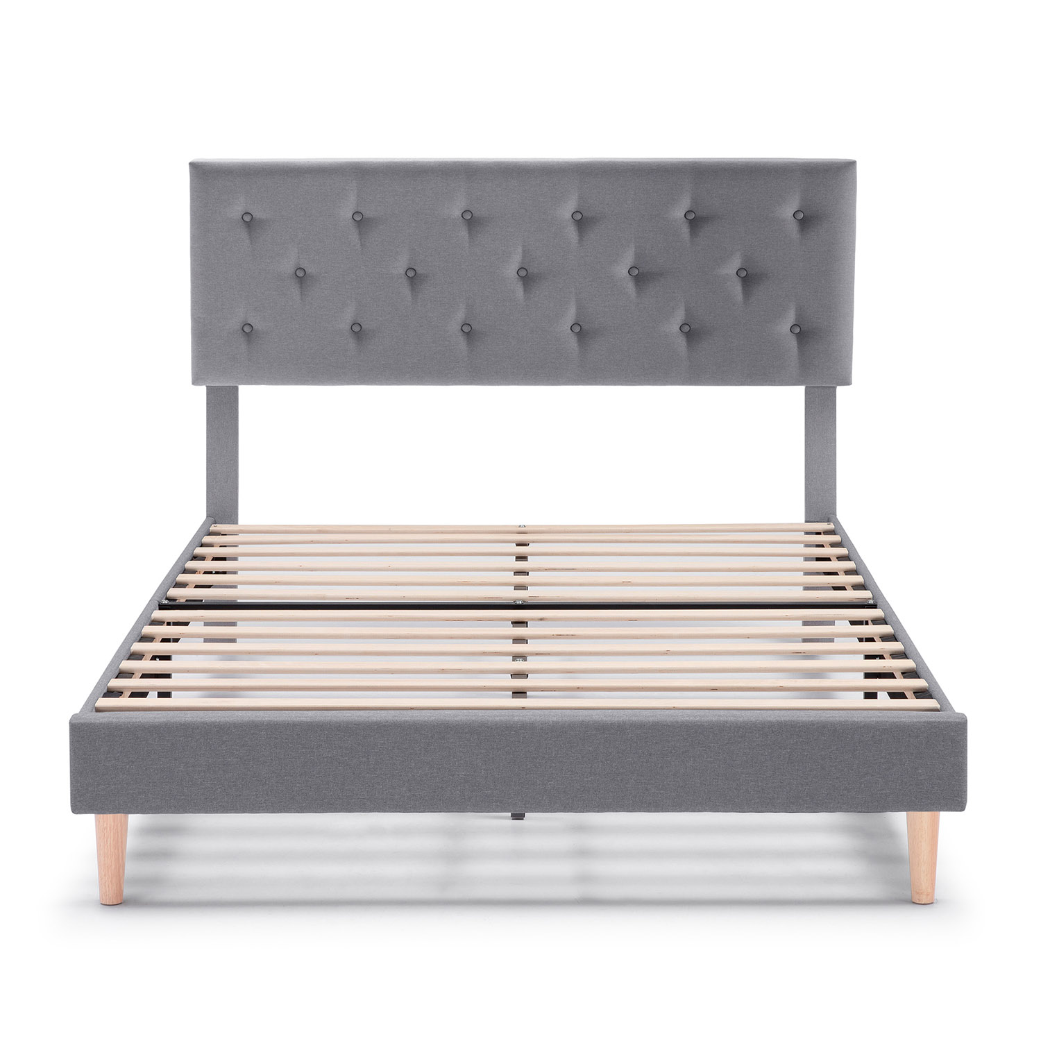 Estructura de cama de tela gris con cabecero tapizado y somier de lamas.