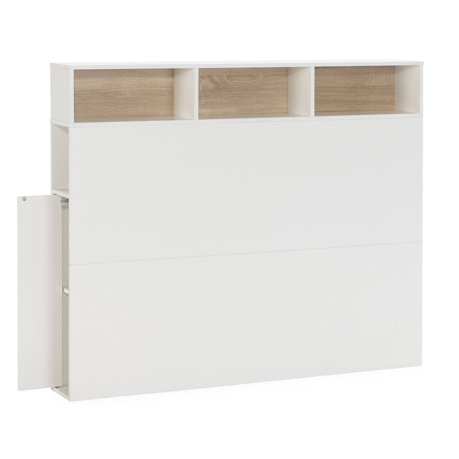 Un cabecero blanco con estantes abiertos, uno con detalle de veta de madera.