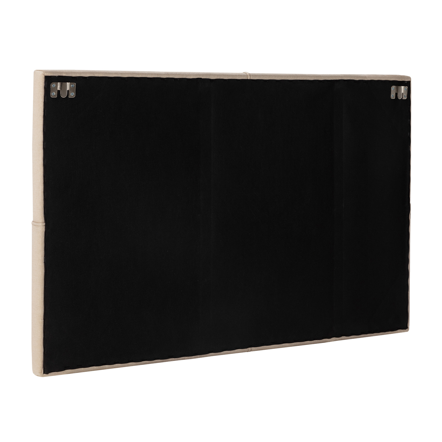 Respaldo de cama beige claro con inserción de tela negra y soportes de pared.