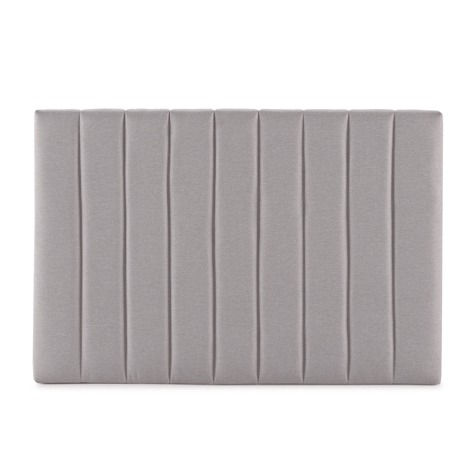 Cabecero de tela gris con costuras verticales, aislado sobre fondo blanco.