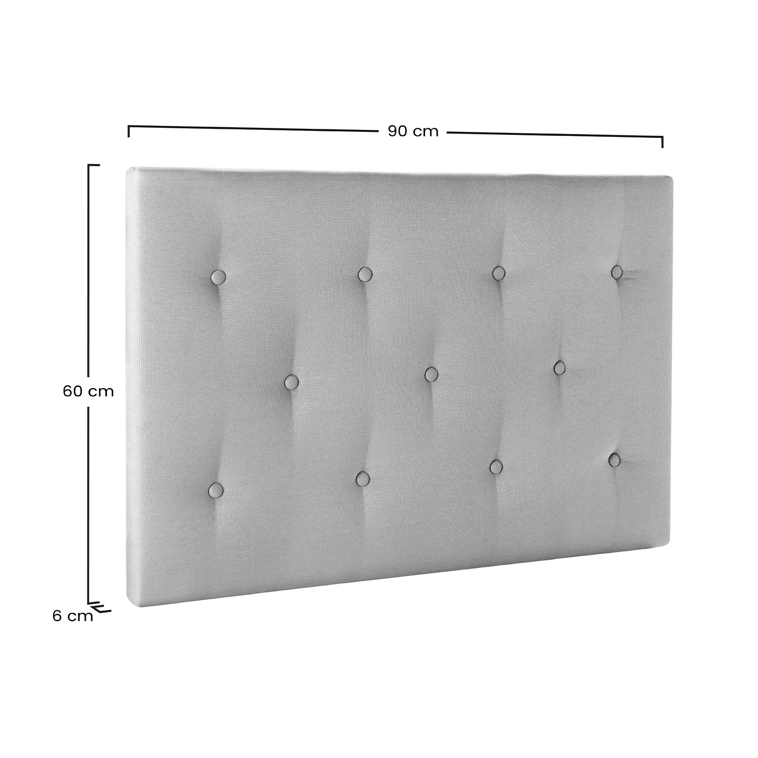 Respaldo de cama tapizado gris con detalles de botones, 90x60x6 cm.