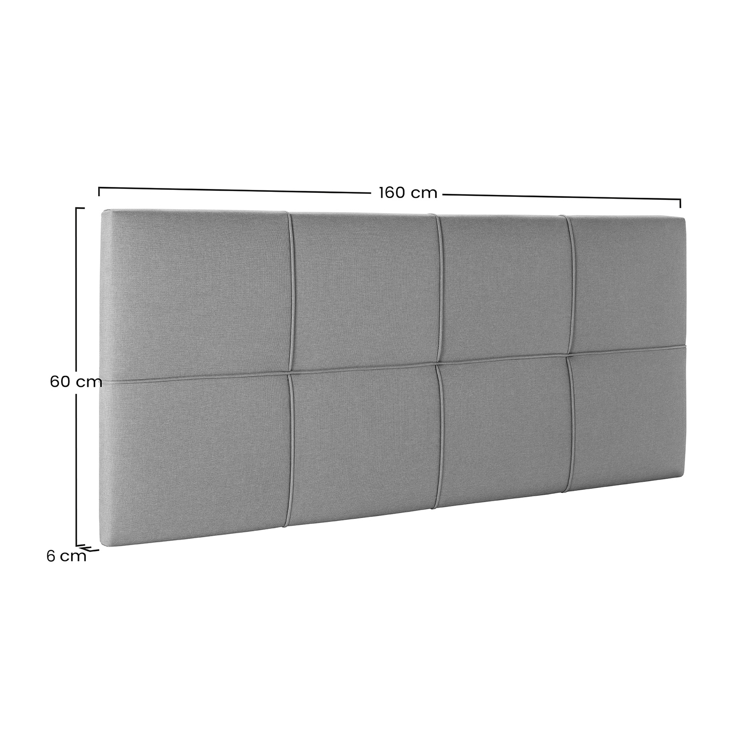 Cabecero rectangular gris con costuras verticales, 160cm ancho, 60cm alto.