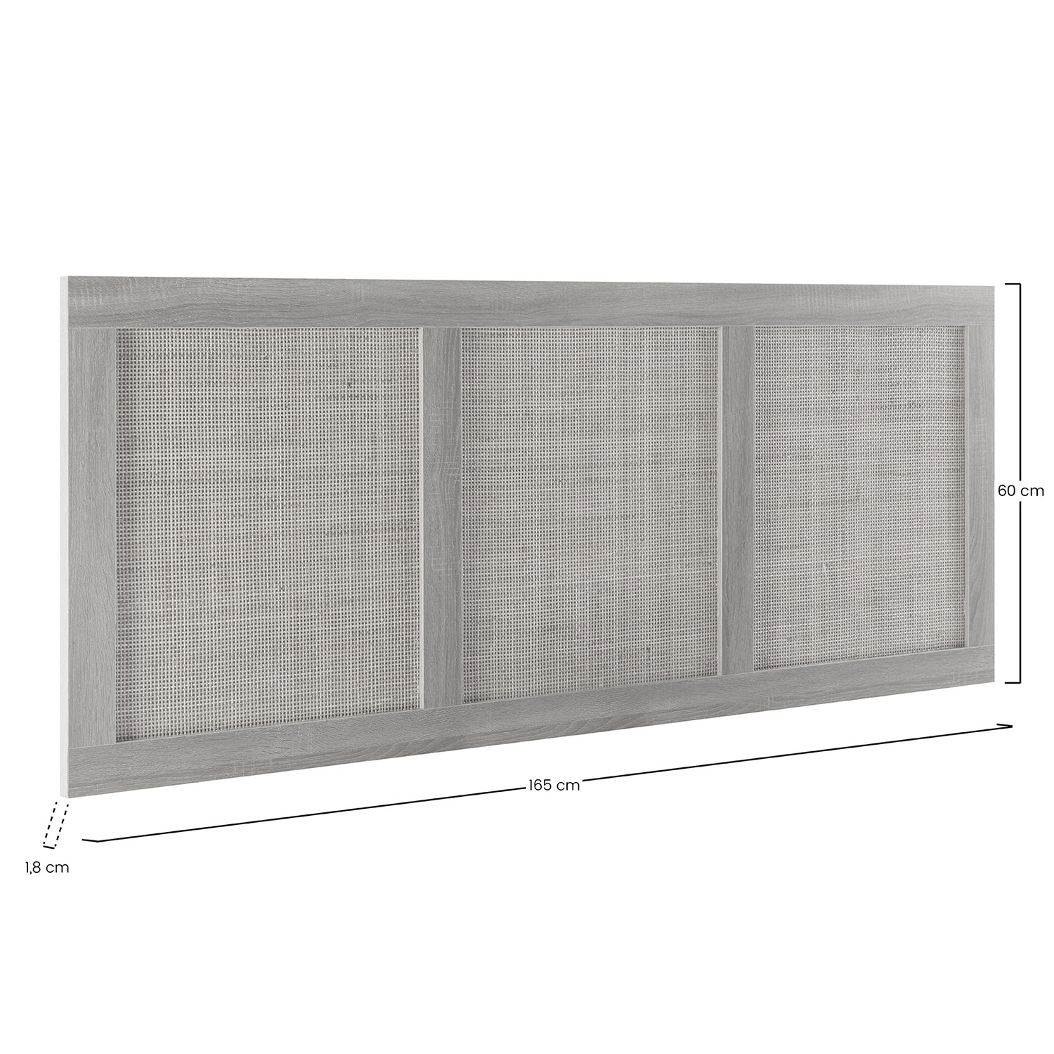 Marco de madera gris con tres paneles de mimbre blanco. Medidas: 165x60x1,8 cm.