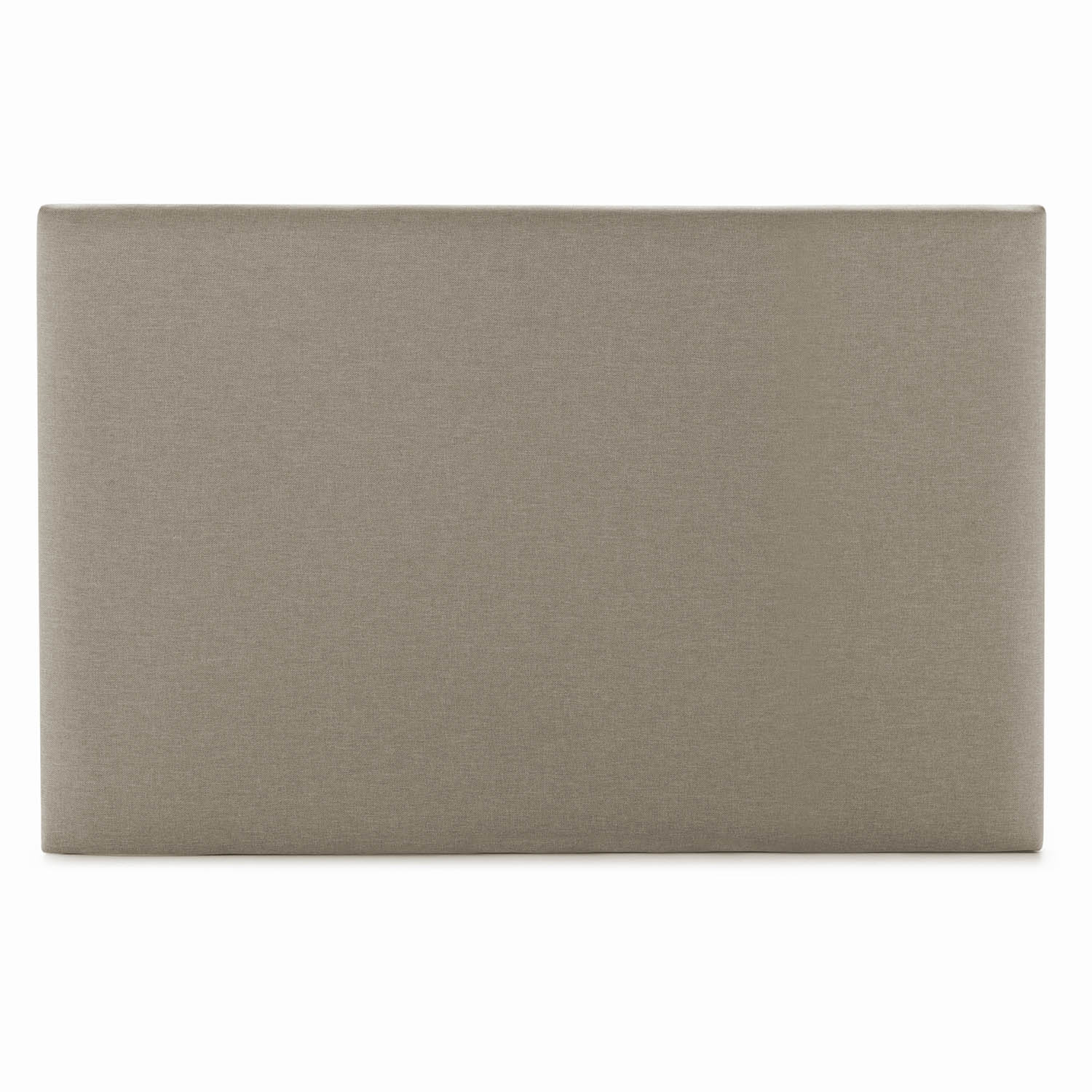 Un cabecero rectangular de tela color topo sobre fondo blanco.