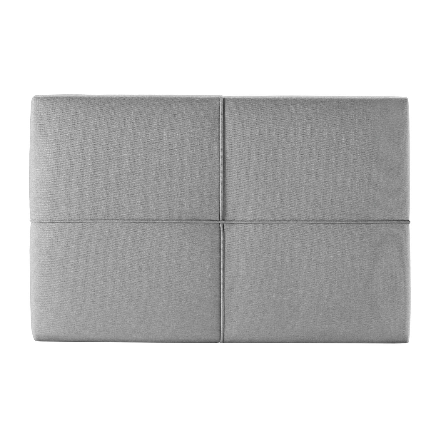 Cabecero tapizado gris dividido en cuatro paneles por costuras.