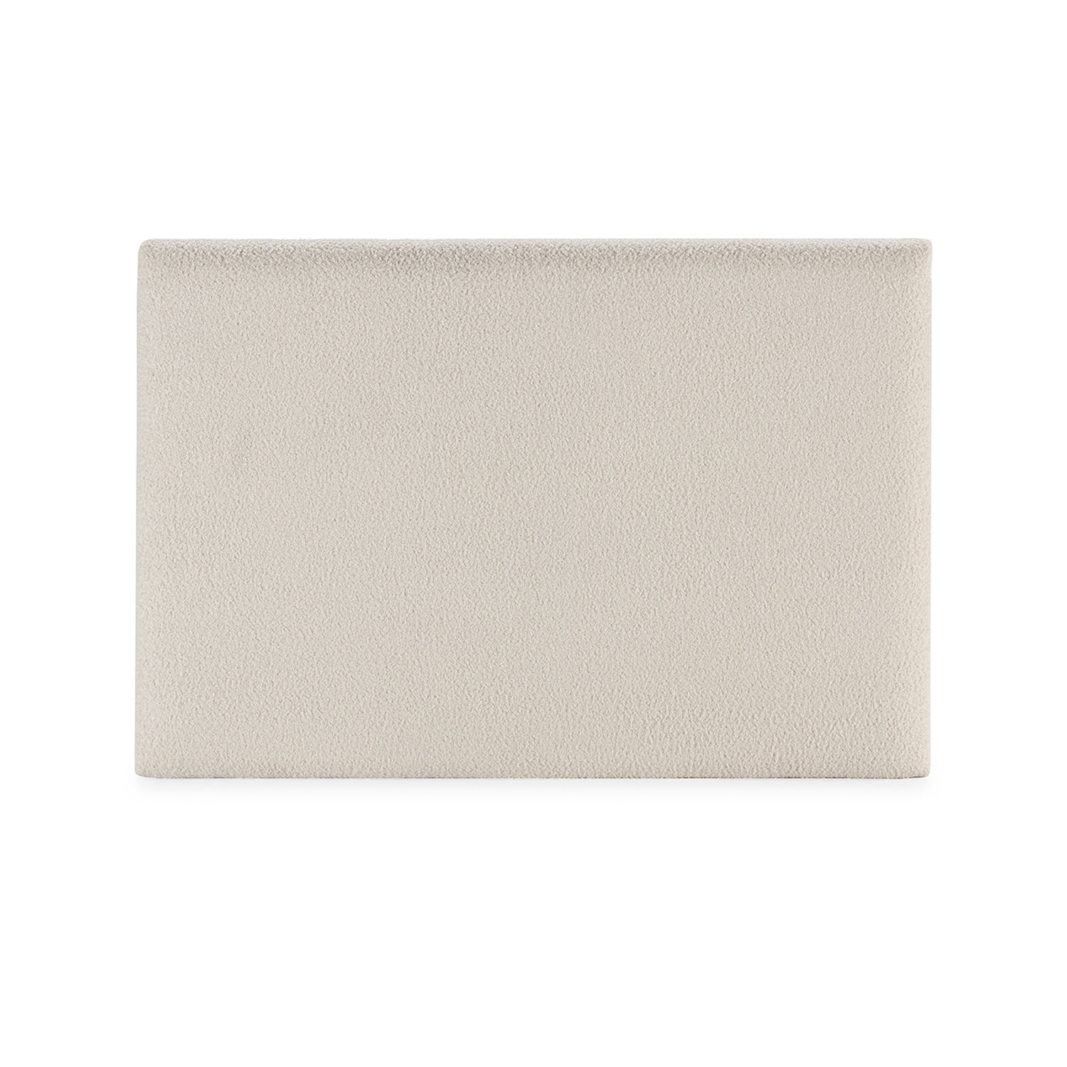 Un cubo de tela rectangular beige claro con superficie texturizada sobre fondo blanco.