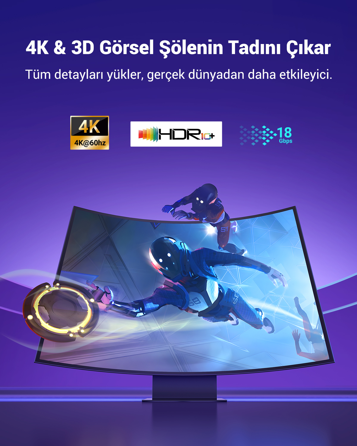 Monitor wyświetla grafikę 4K HDR z prędkością 18 Gbps i stylizowane postacie.