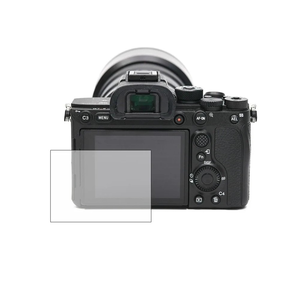 Lensli ve LCD ekranlı siyah kameranın arka görünümü.