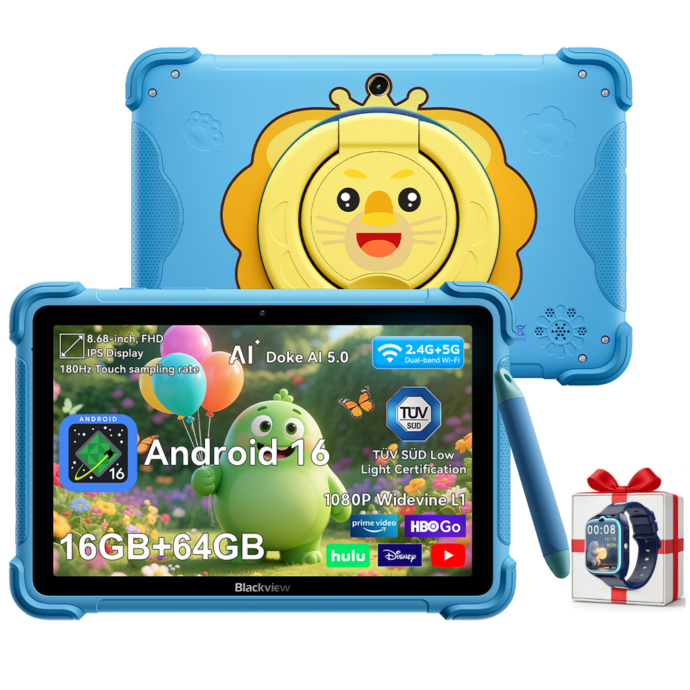 Tablet blu per bambini con supporto leone, stilo e smartwatch in regalo.