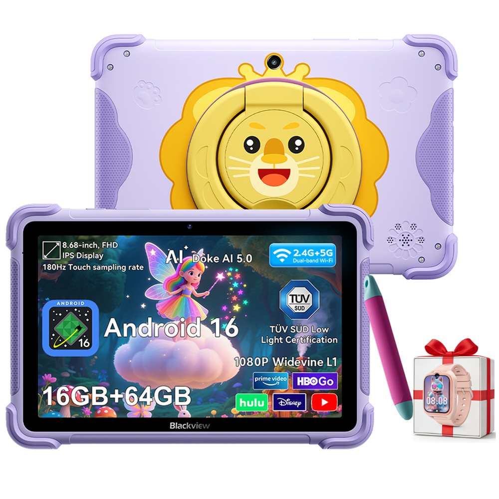Tablet viola con supporto leone, pennino e scatola regalo con orologio.
