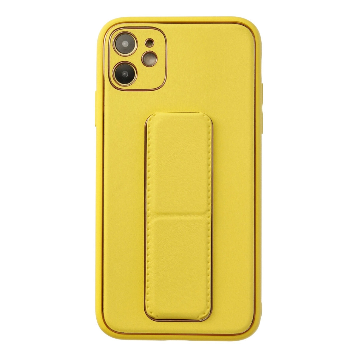 İki kameralı, entegre tutmaçlı sarı telefon kılıfı.
