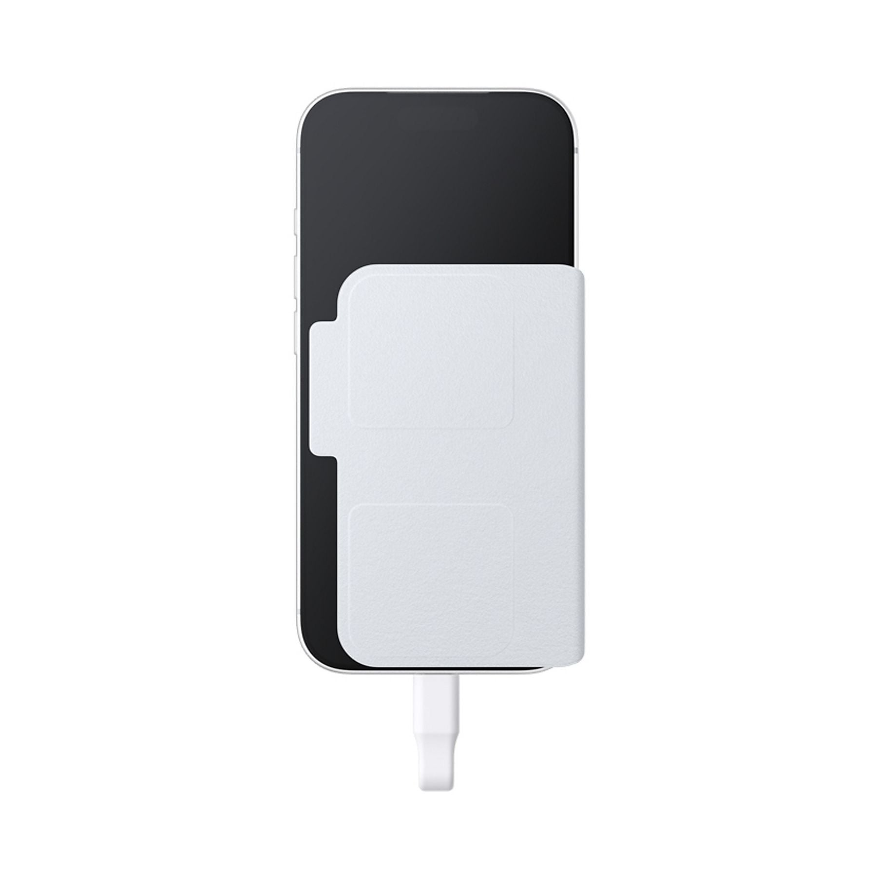 Un estuche de carga blanco está unido a un teléfono inteligente negro.