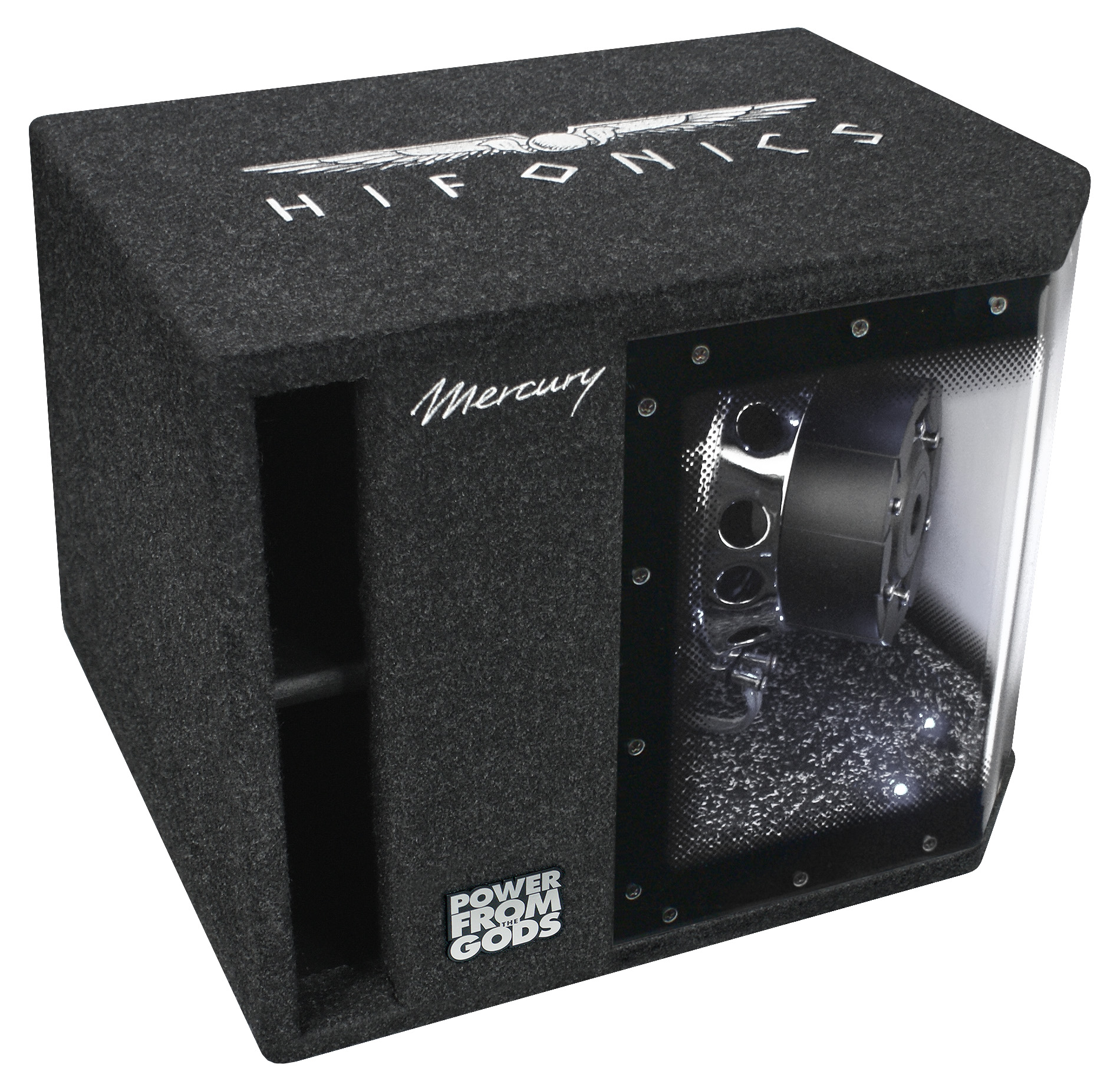 Ein schwarzer Subwoofer mit "Hifonics" und "Mercury" Schriftzug. Ein Teil ist durchsichtig.