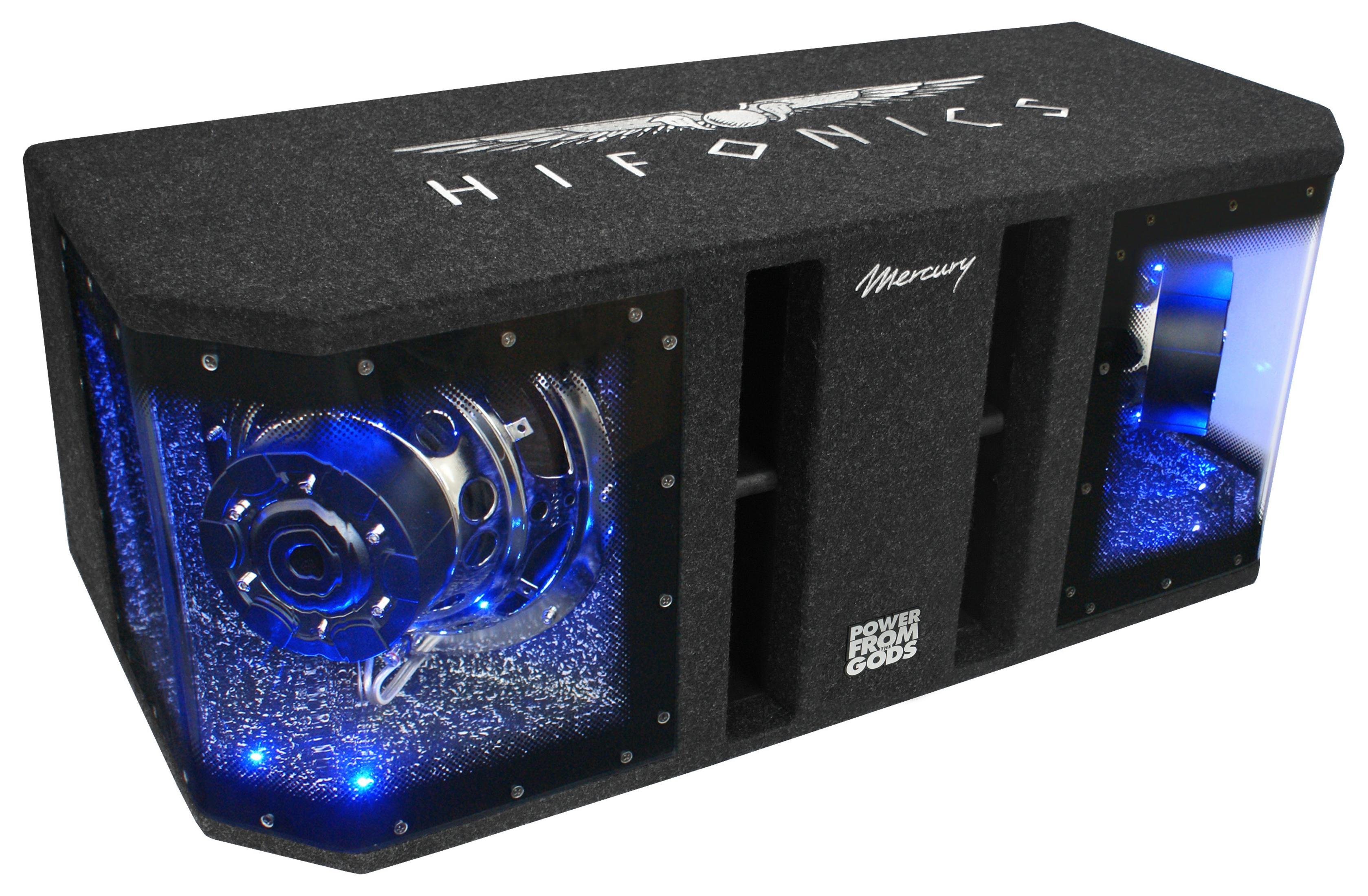 Grauer Hifonics Mercury Subwoofer mit blauer LED-Beleuchtung und transparenten Seiten.