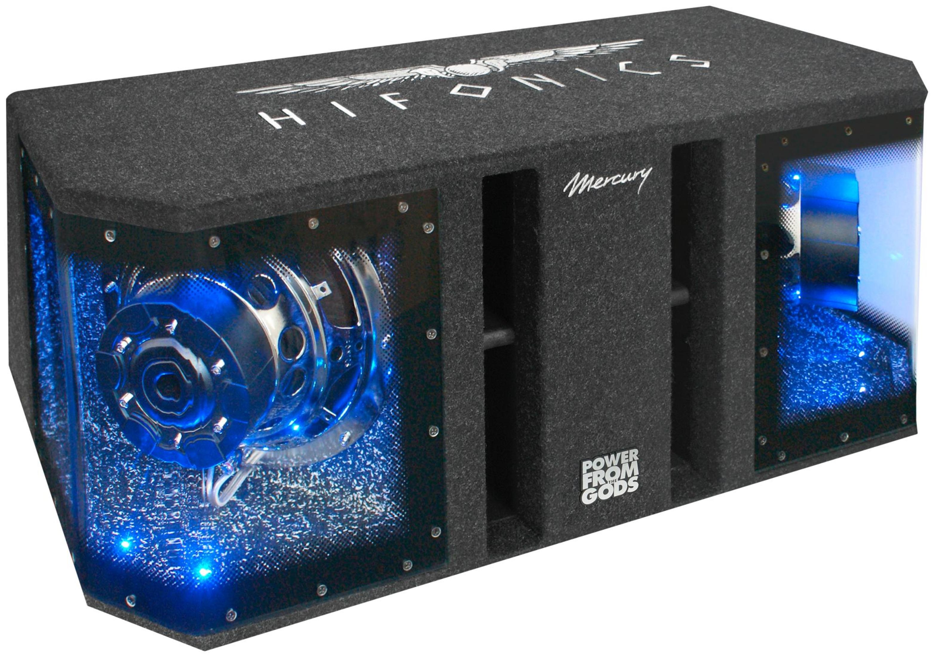 Ein schwarzer Subwoofer mit blauer LED-Beleuchtung und Hifonics-Logo.