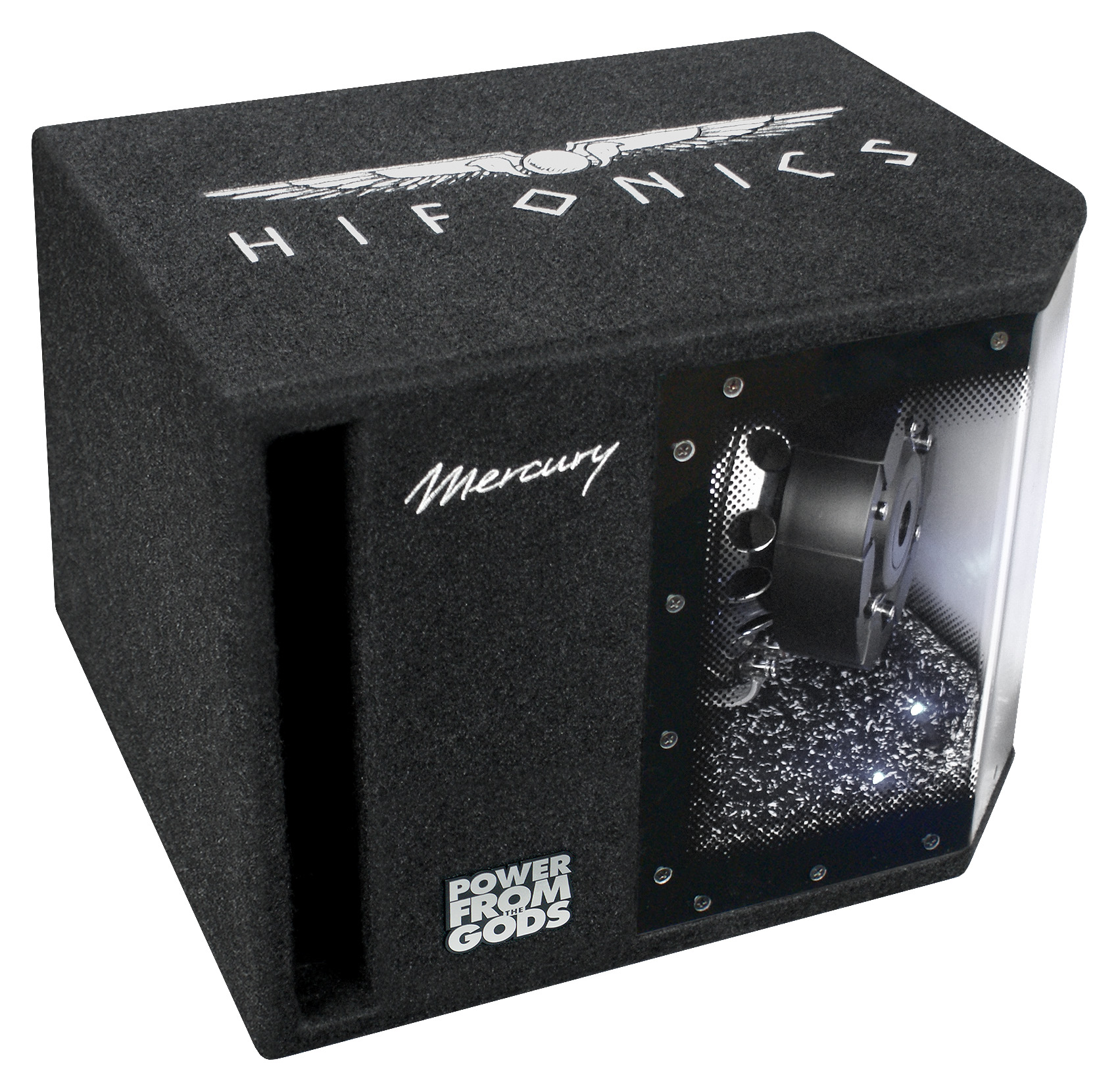 Ein schwarzer Hifonics Subwoofer mit silbernem Logo und "Mercury" Aufschrift.
