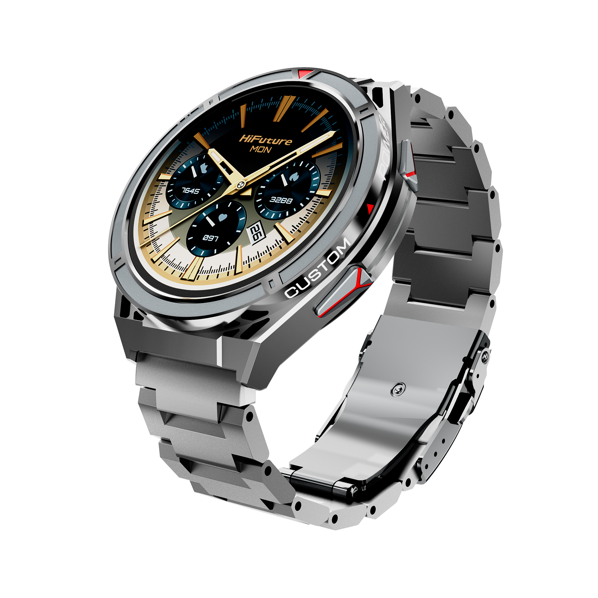 Uno smartwatch argentato con quadrante nero e oro e cinturino in metallo su sfondo bianco.