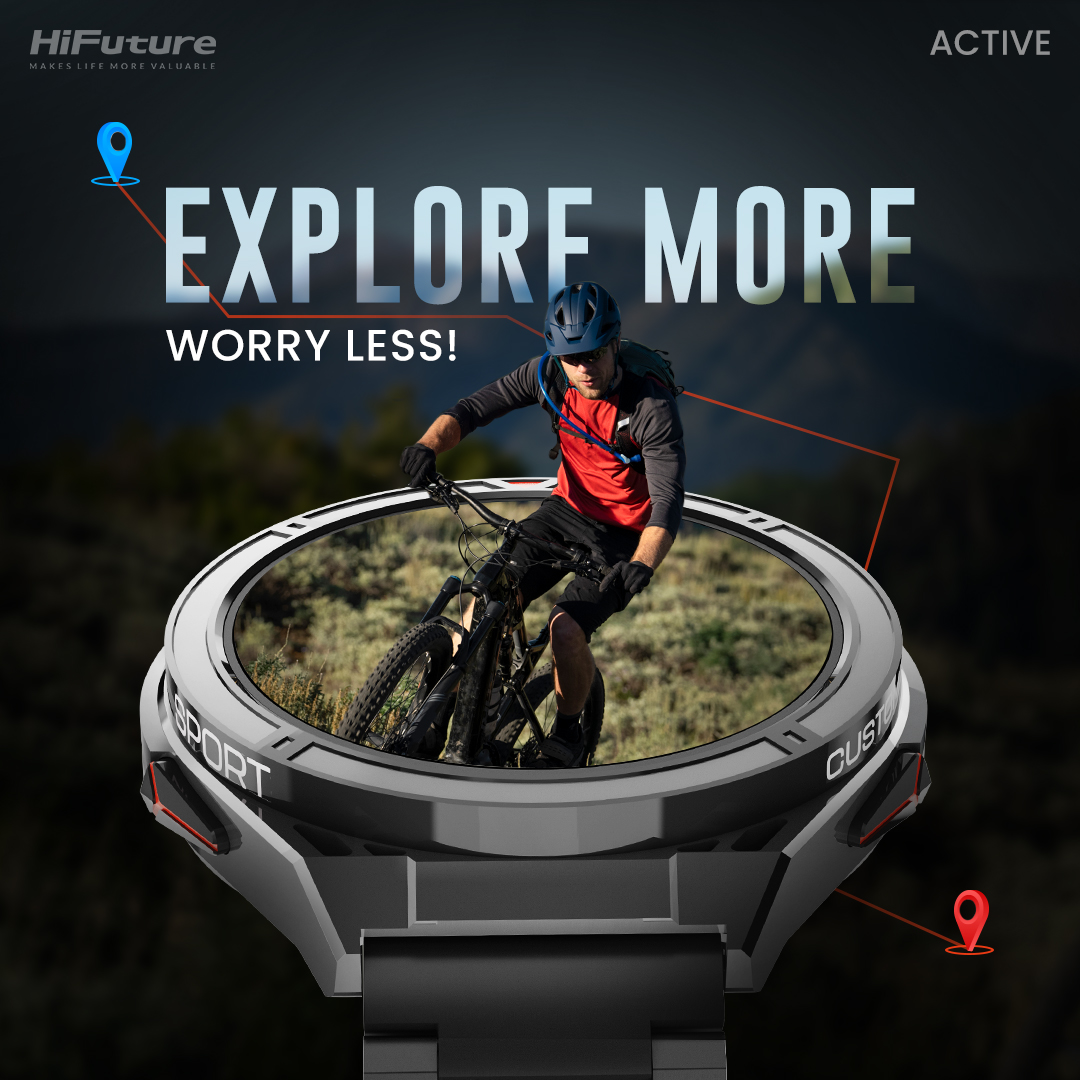 Un uomo va in mountain bike su sfondo montano, visualizzato sullo schermo di uno smartwatch.