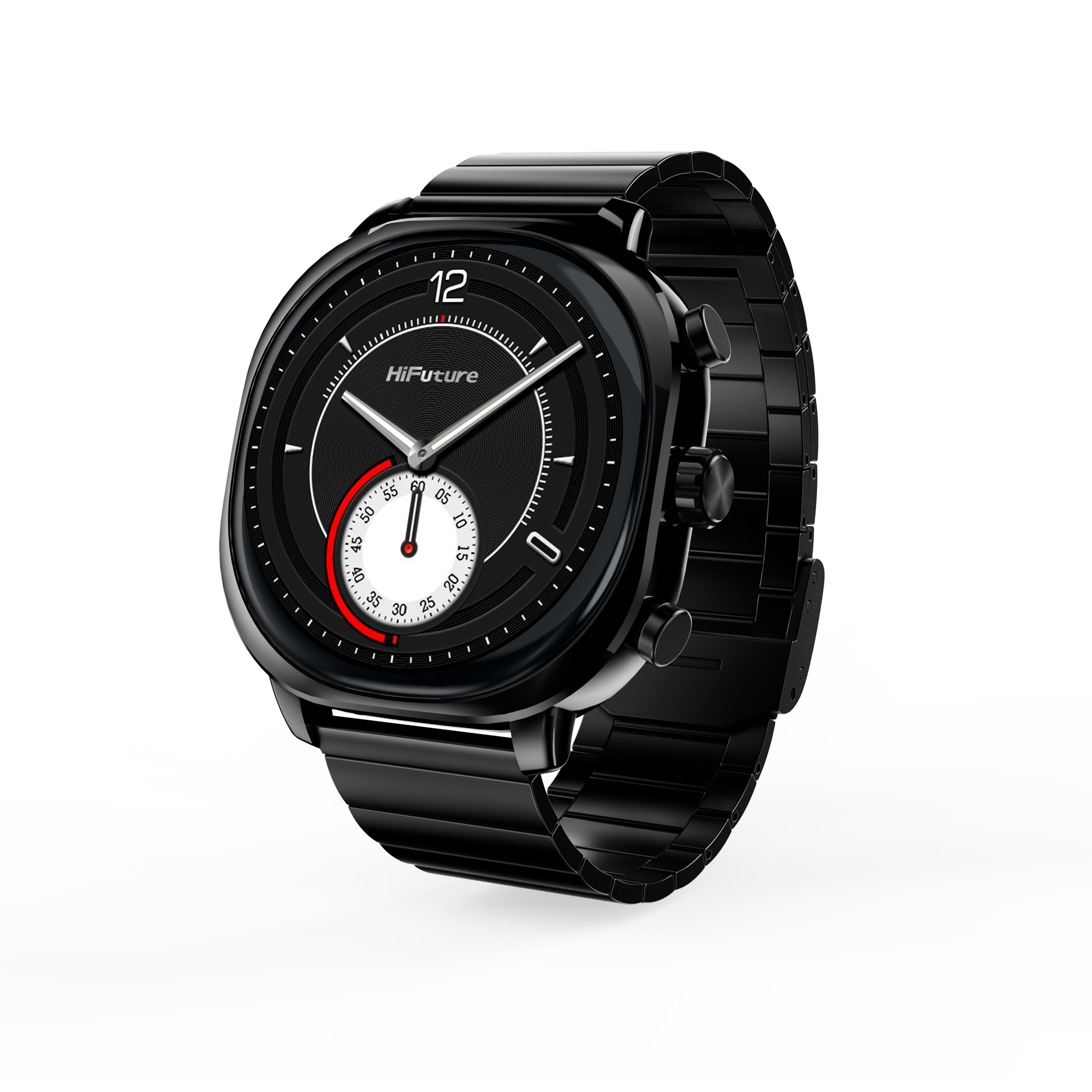 Czarny smartwatch z metalową bransoletą i tarczą analogową.
