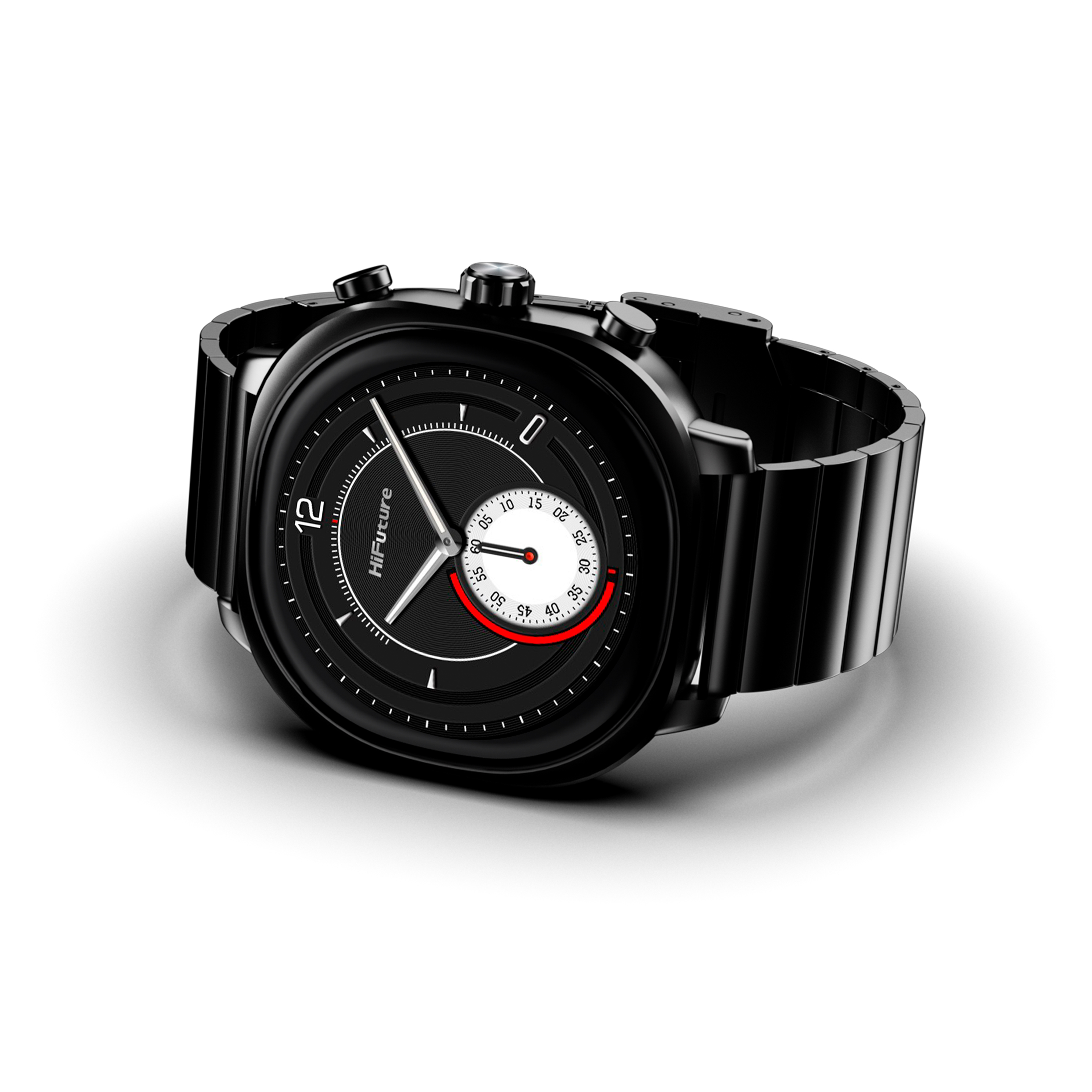 Czarny smartwatch z metalową bransoletą i tarczą analogowo-cyfrową.