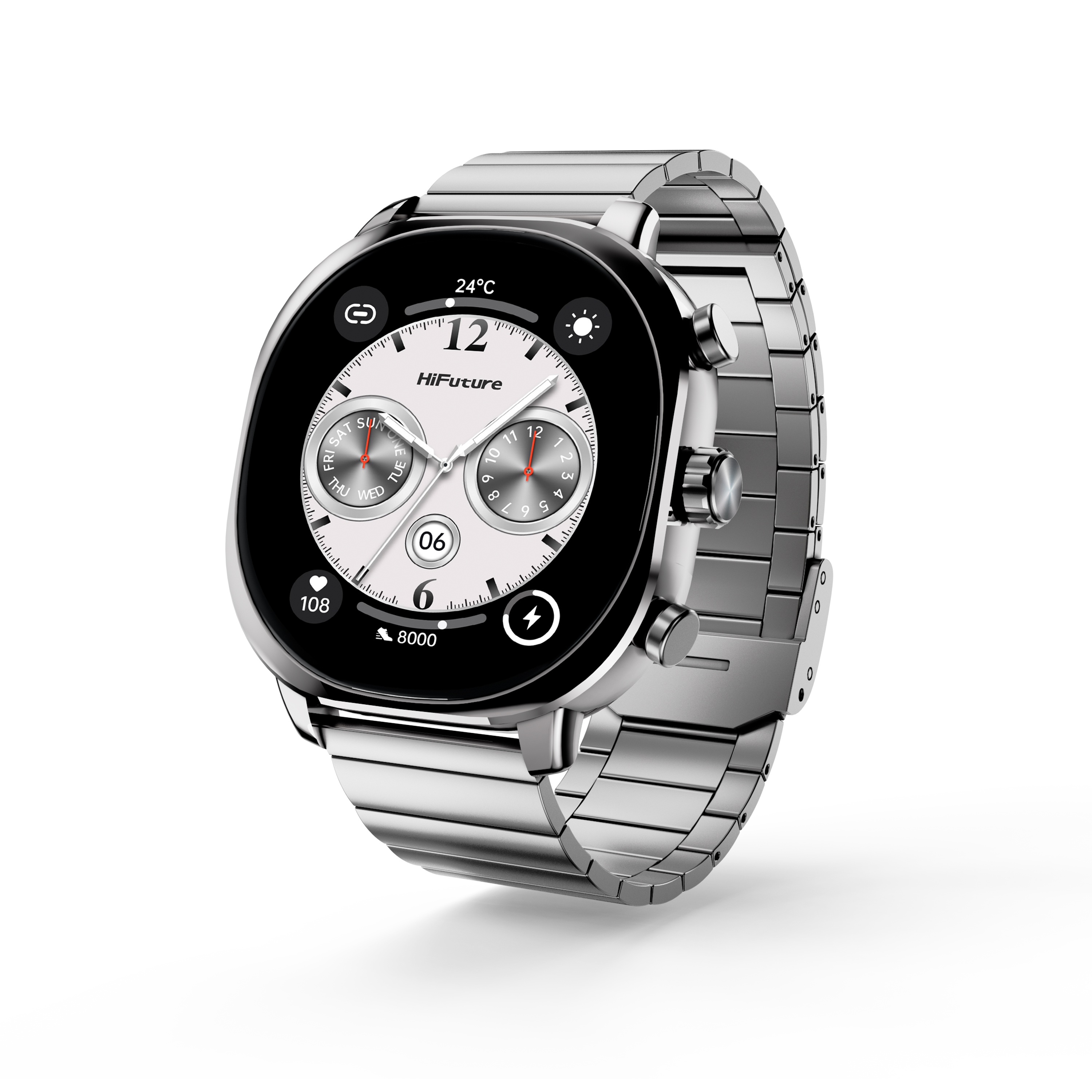 Srebrny smartwatch z metalową bransoletą, pokazujący 24°C, 108 i 8000 kroków.