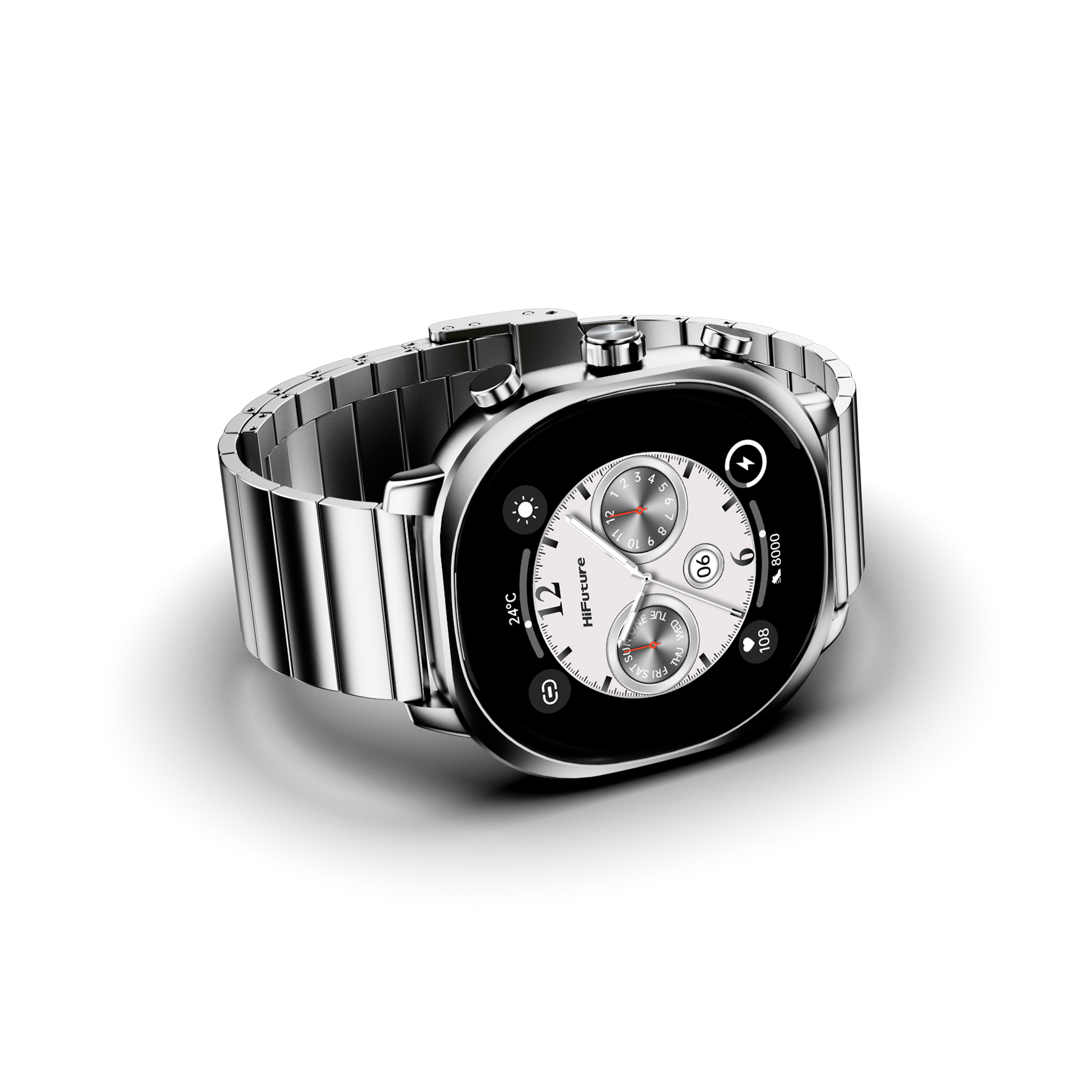 Srebrny smartwatch z metalową bransoletą, okrągły wyświetlacz pokazuje 24°C, 12:00, 8000 kroków.