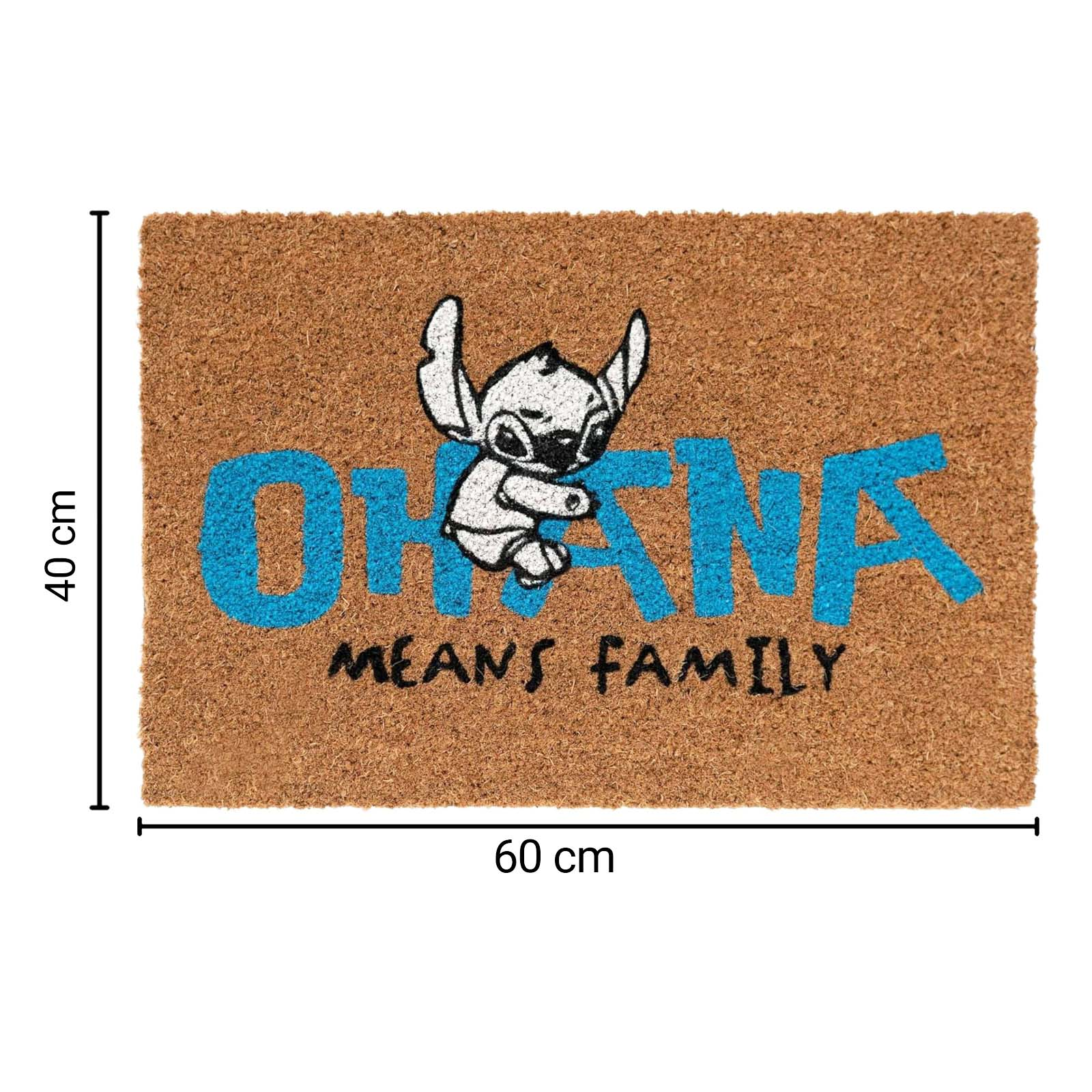 Tappetino in cocco con grafica di Stitch e testo "Ohana means family".