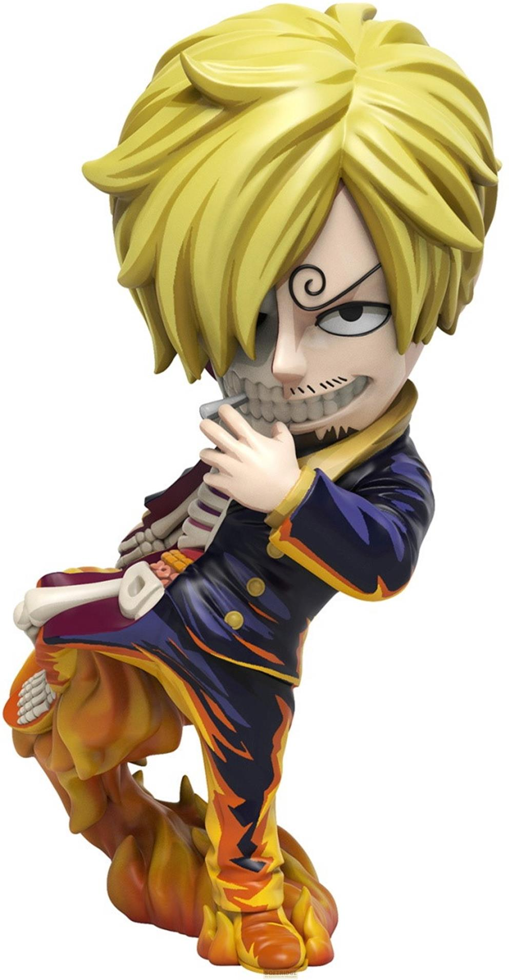 Statua chibi con capelli biondi, fumando, con elementi scheletrici e fiamme.