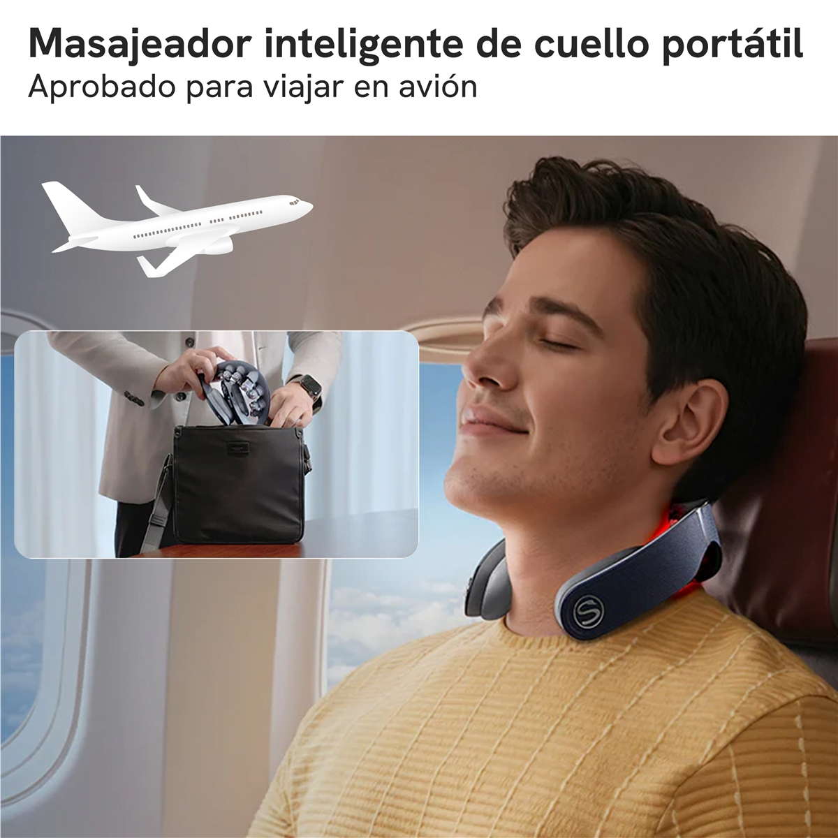 Mann im Flugzeug mit Nackenmassagegerät, Einleger zeigt Verpackung.