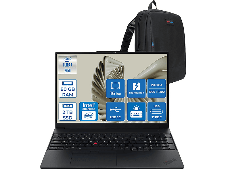 LENOVO ThinPad E16 Gen 3 DDR5 WUXGA IPS 21SR0076TXF34 Intel Core Ultra 7 265U 80 GB RAM 2 TB SSD 16 inç FreeDOS Laptop+Çanta Siyah