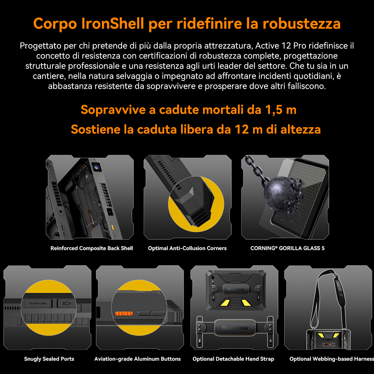 Caratteristiche telefono robusto: scocca posteriore composita, angoli antiurto, Gorilla Glass 5.