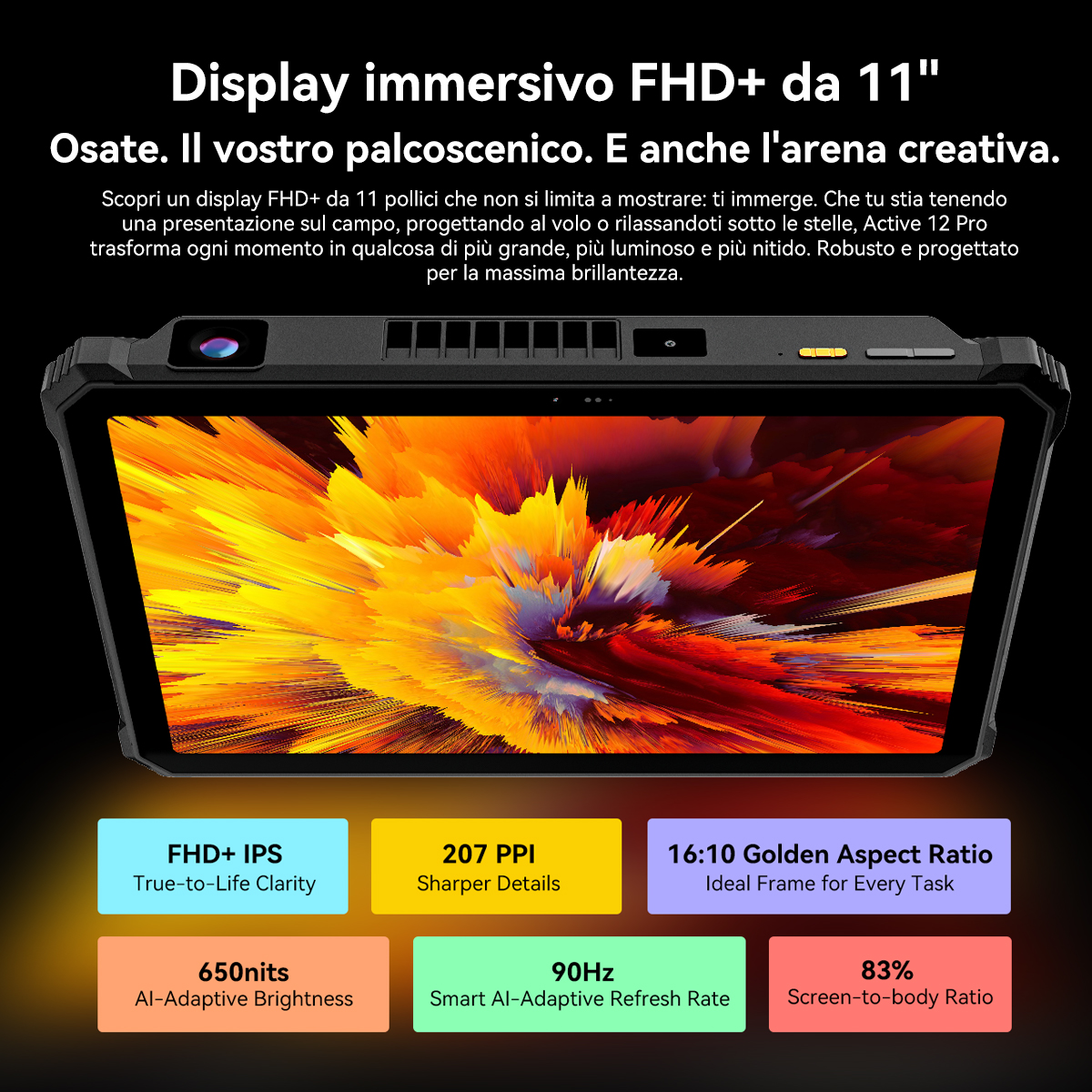 Un tablet da 11 pollici con display FHD+ IPS, arte astratta vibrante e specifiche tecniche.