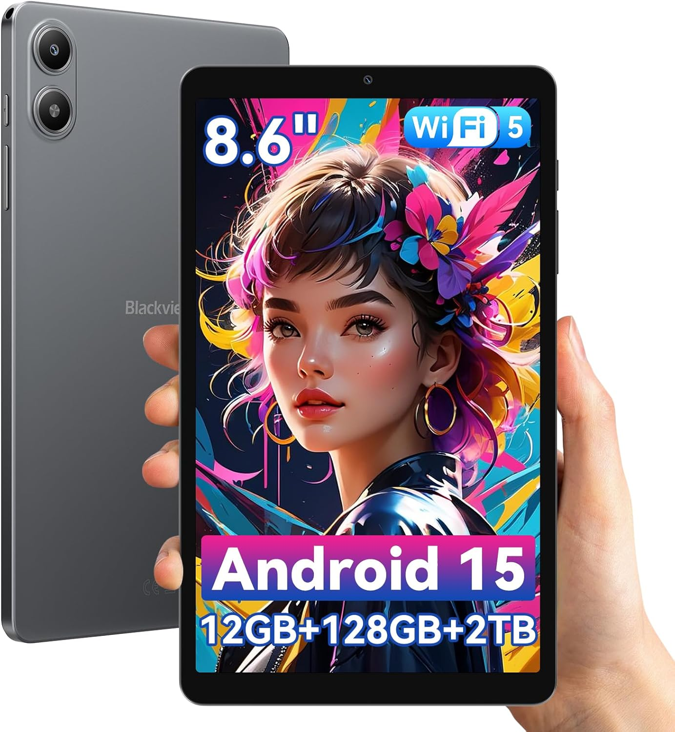 Un tablet con Android 15 è tenuto da una mano. Il retro mostra le fotocamere.