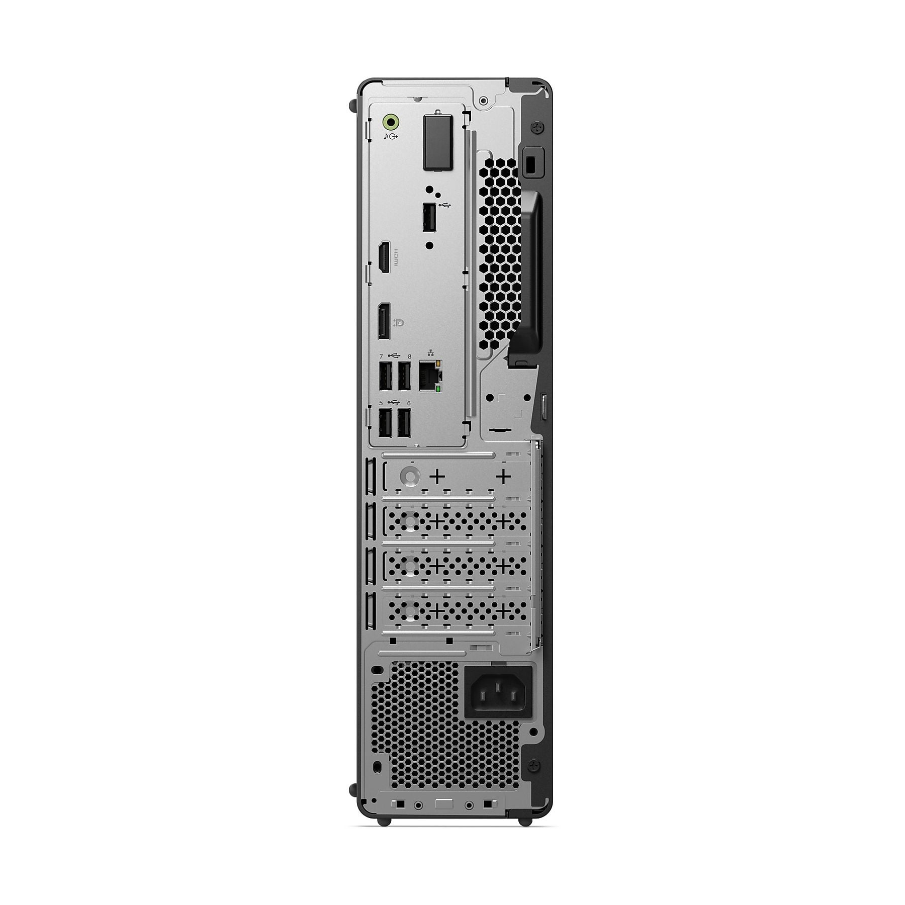 Retro di un PC nero che mostra varie porte come USB, HDMI e connessioni di alimentazione.