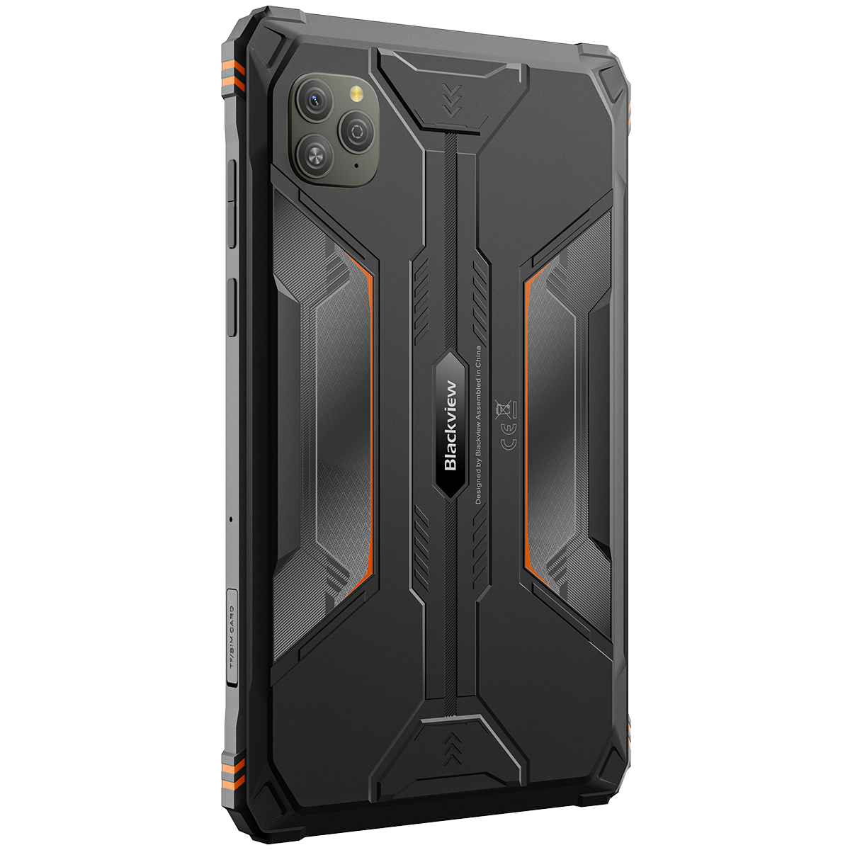 Smartphone Blackview nero con accenti arancioni e tripla fotocamera.