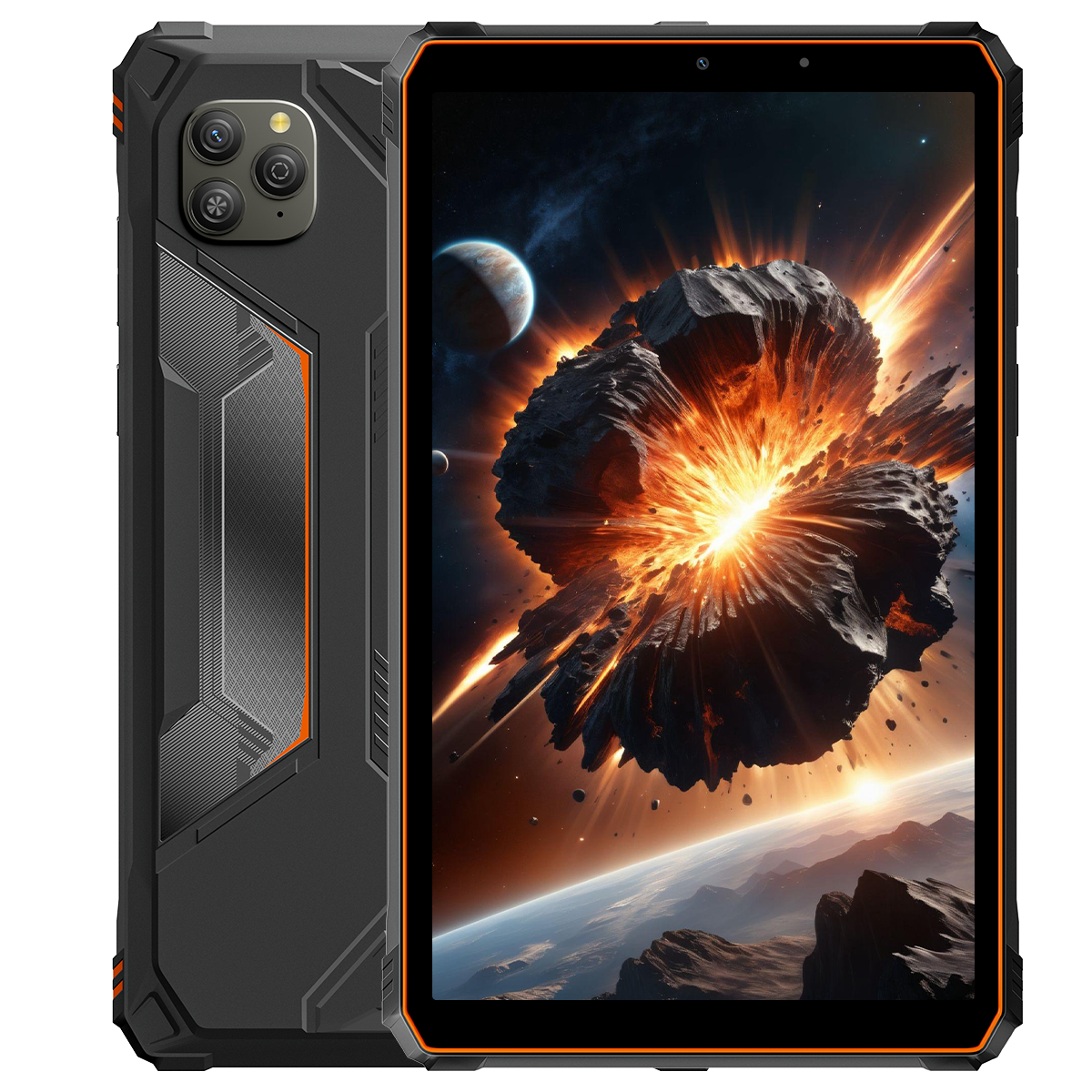 Tablet robusto nero con scena di esplosione spaziale sullo schermo.