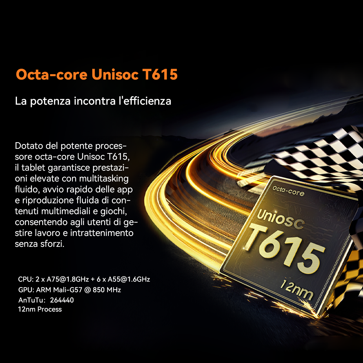 Chip Octa-core Unisoc T615 su nero con scie dorate e bandiera a scacchi.