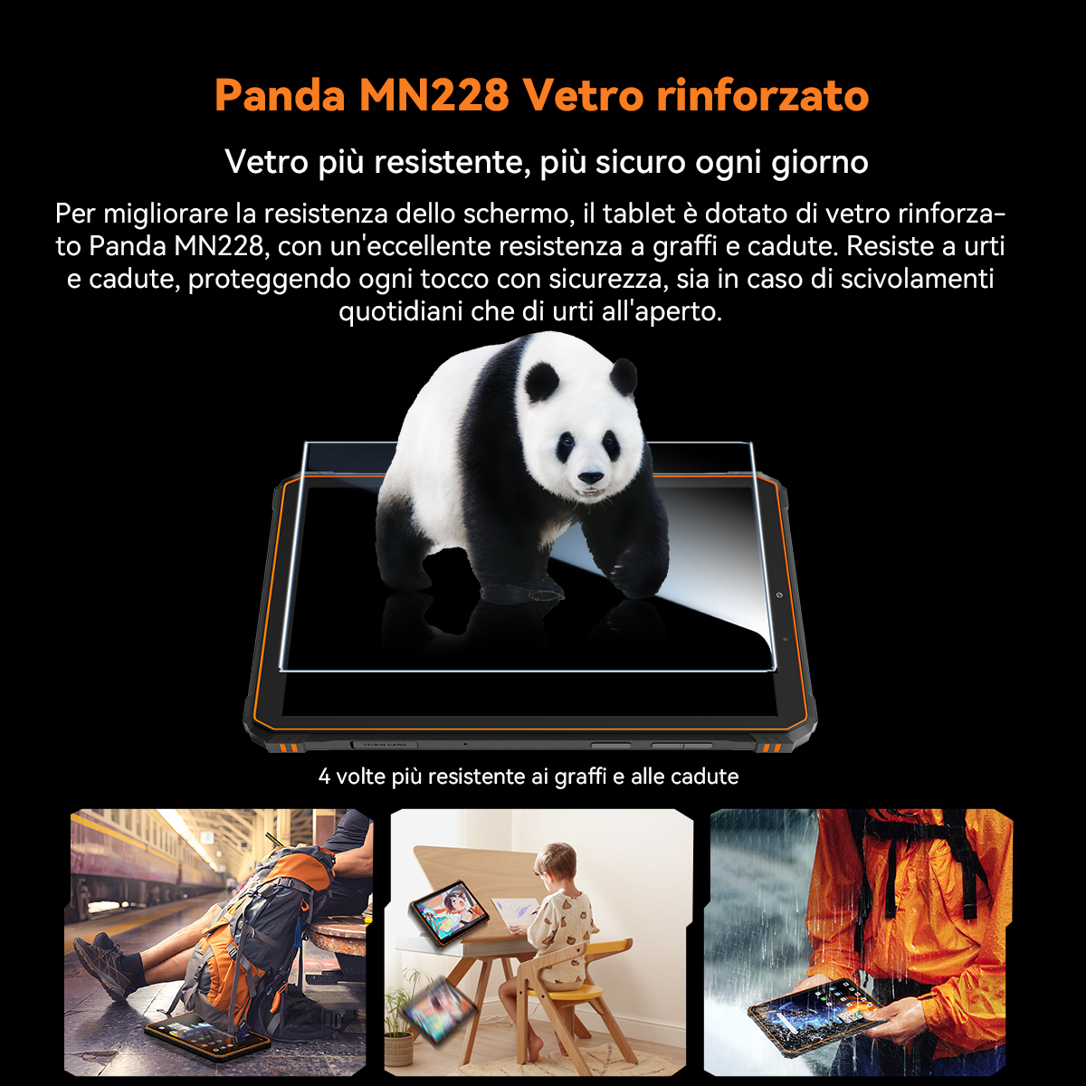 Un panda sullo schermo di un tablet, circondato da testo e tre scene.