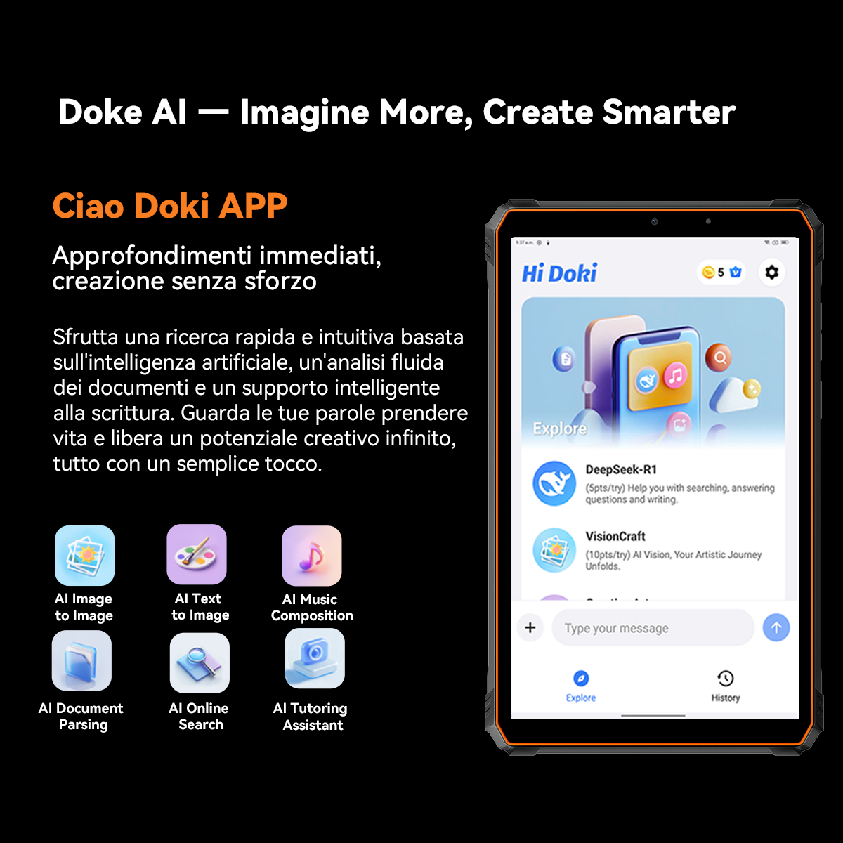 Un tablet mostra l'app Doke AI con icone per immagine-immagine, testo-immagine, musica, analisi documenti, ricerca e tutoraggio.