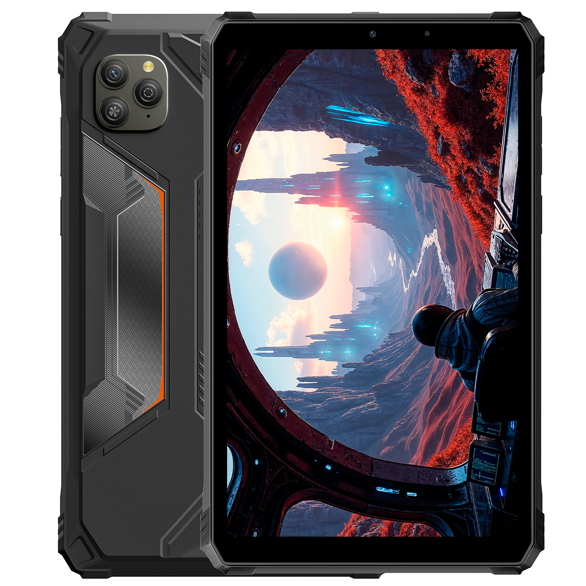 Tablet robusto con tre fotocamere; lo schermo mostra un paesaggio alieno futuristico.