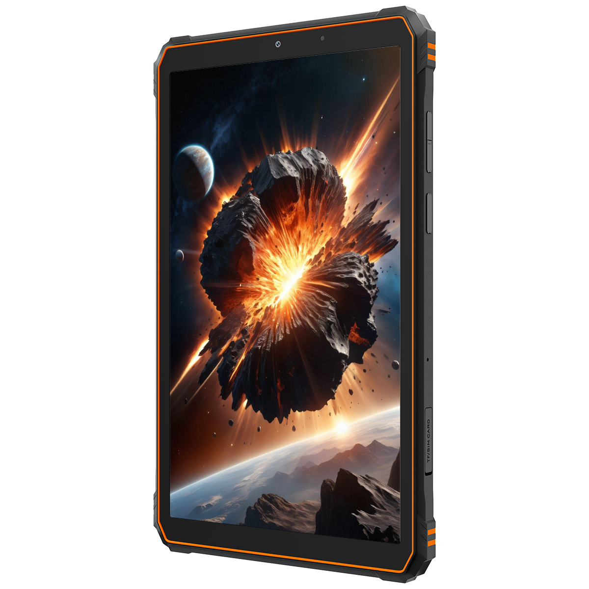 Tablet che mostra un'esplosione spaziale con pianeta e luna.