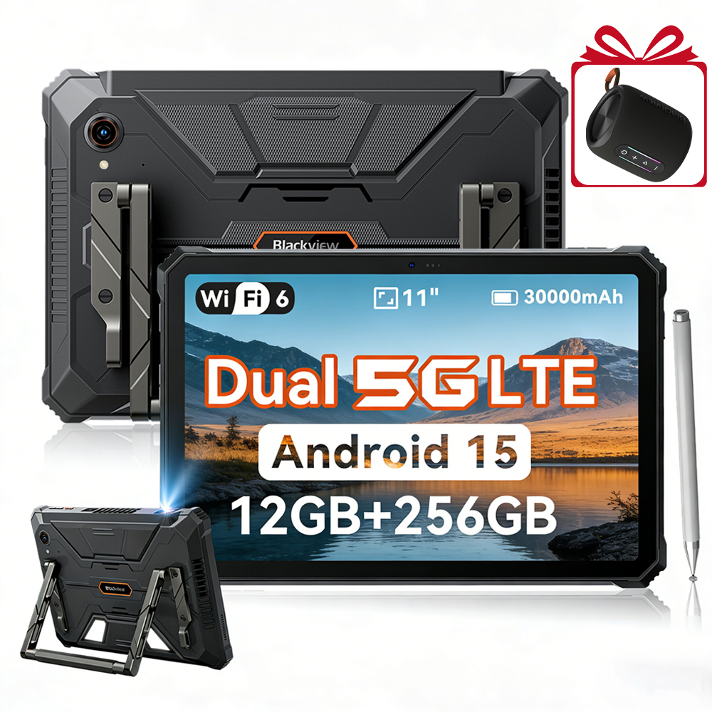 Tablet robusto con supporto, penna e altoparlante. Schermo mostra Android 15.